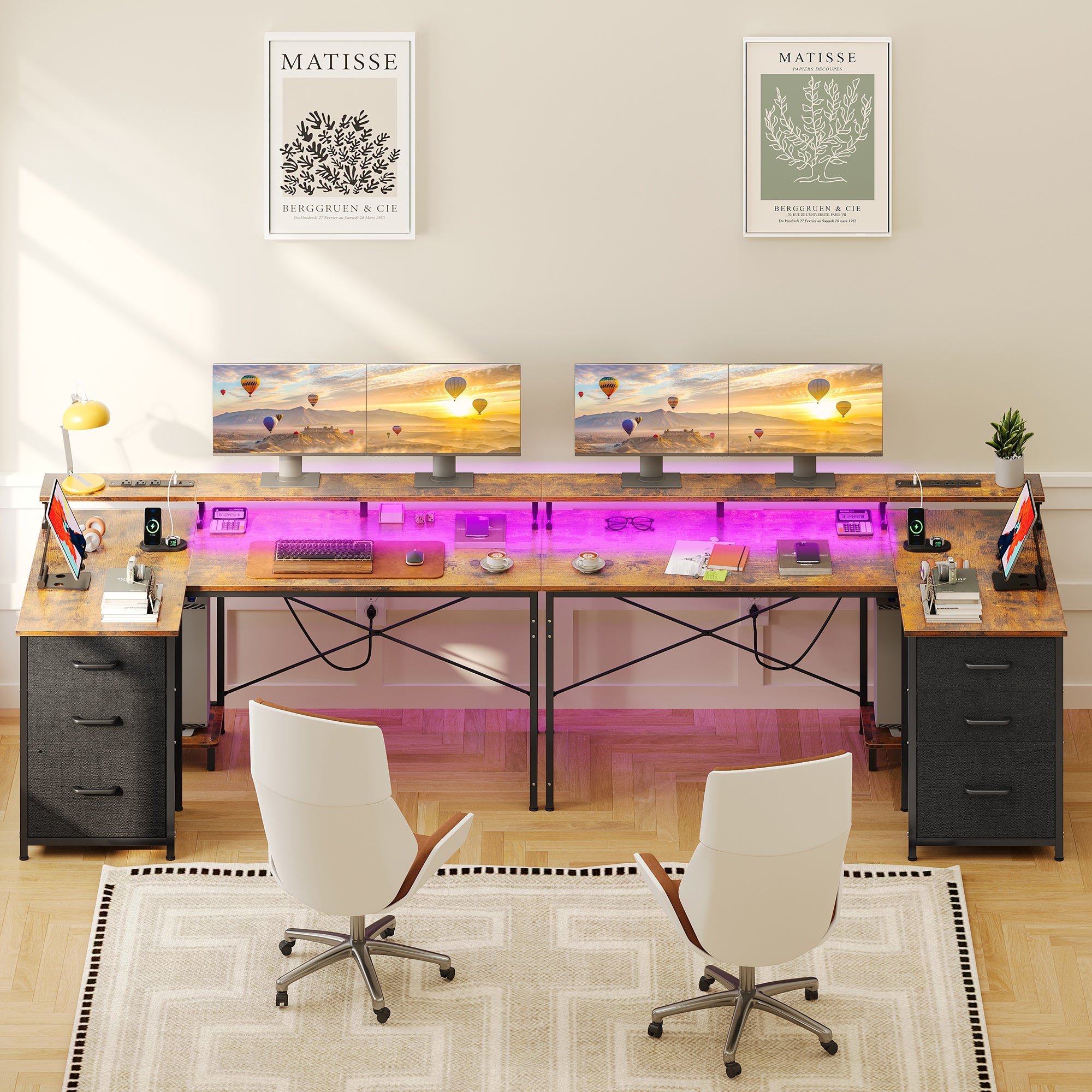 55 inch Computer Desk with Power Outlets & LED Lights, Home Office Desk with 3 Drawers & CPU Stand, Writing Desk with Monitor Shelf & Storage Bag, Vintage