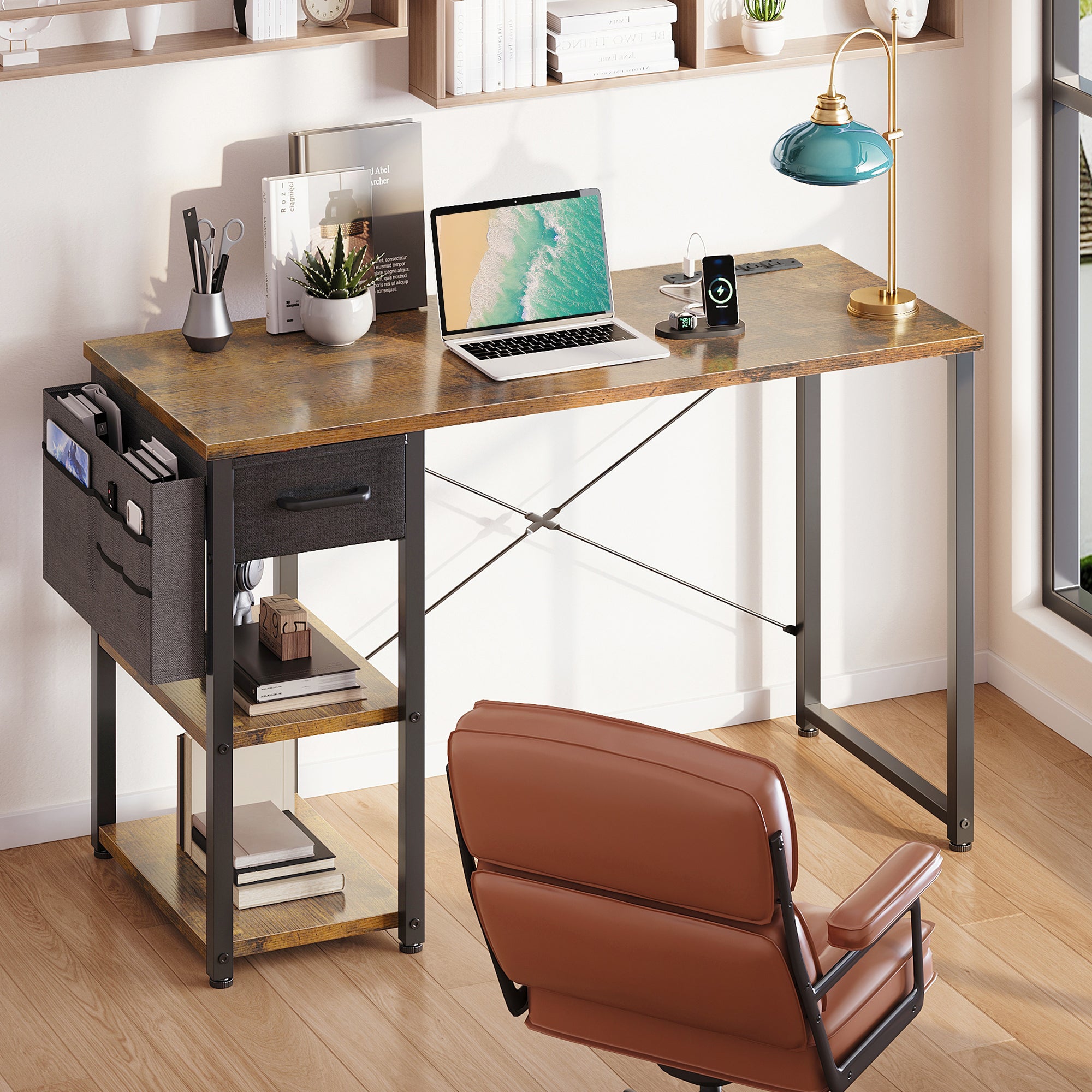 40 inch Computer Desk with Storage Drawer & Power Outlets, Study Writing Desk with Storage Shelves for Small Space, Modern Simple Style Laptop Desk for Bedroom, Gaming, Home Office, Vintage