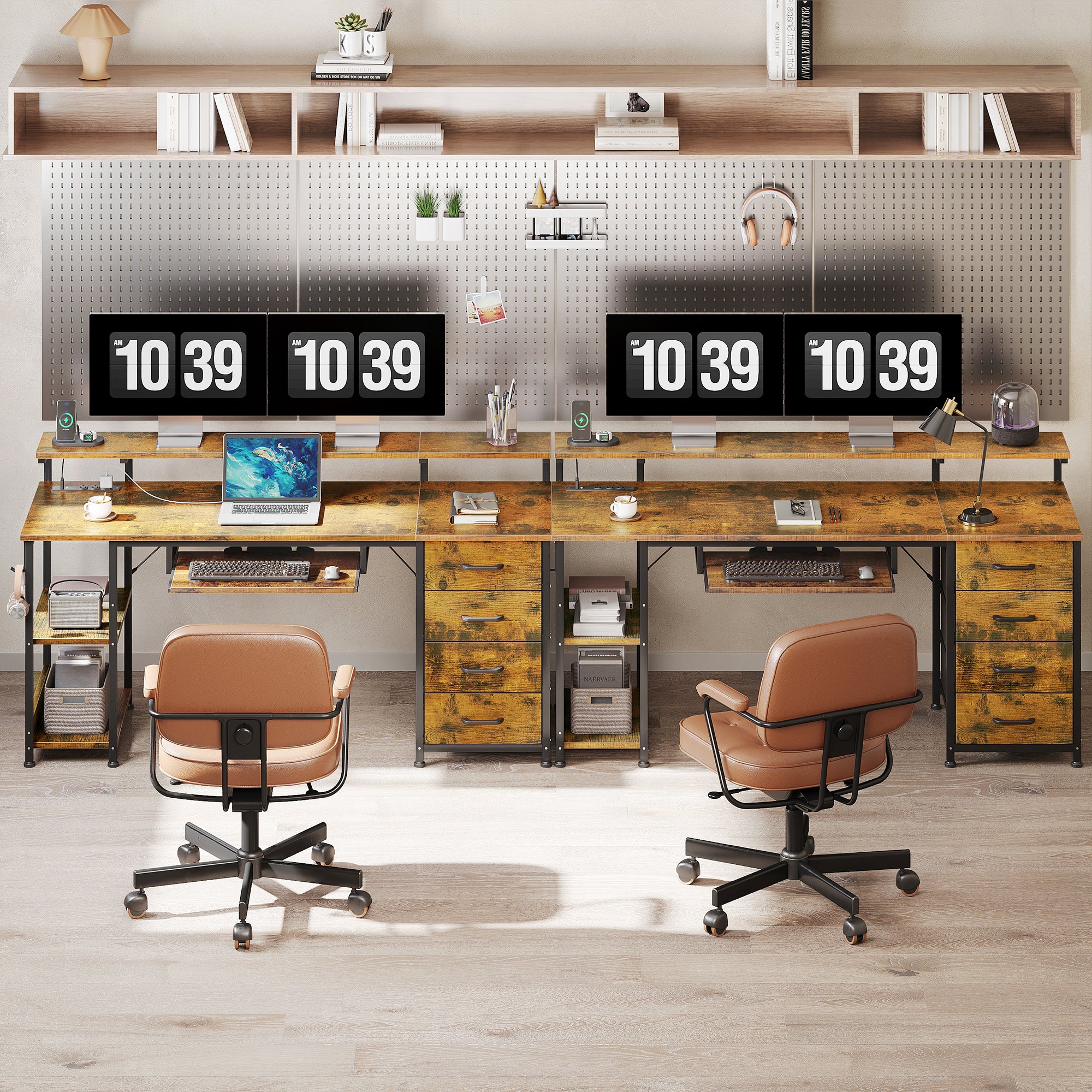 55 inch Office Desk with Power Outlet and Adjustable Monitor Stand, Computer Desk with Fabric Drawer and Keyboard Tray, Gaming Desk with LED Light & PC Stand, Table for Bedroom with USB Ports, Vintage