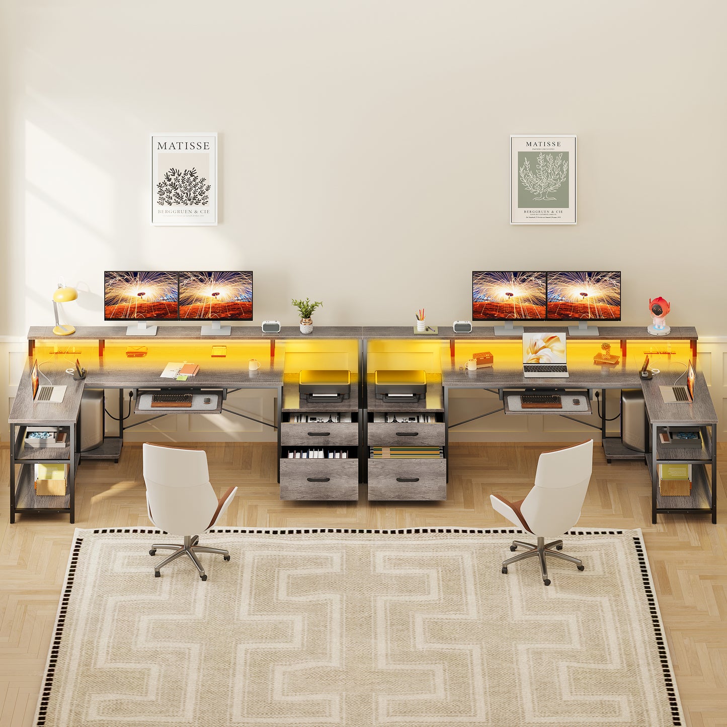 66" Reversible L Shaped Desk with File Drawer & Power Outlet, Modern Computer Desk with Keyboard Tray & LED Strip, Office Table with Storage Shelves, Gaming Desk with Monitor Shelf, Grey Oak
