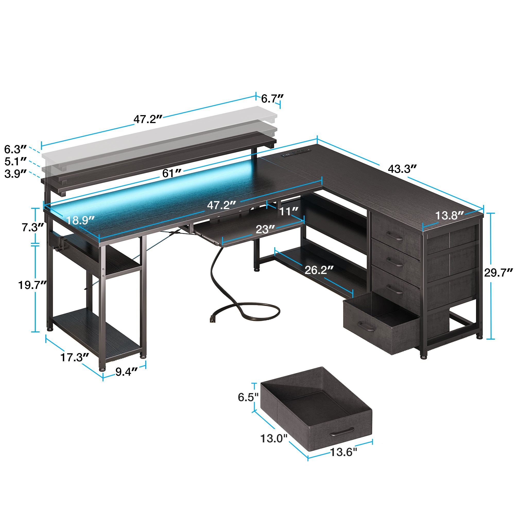 61 inch L Shaped Gaming Desk with LED Lights & Power Outlets, Home Office Desk with Drawers & Keyboard Tray, Computer Desk with Adjustable Heights Monitor Stand, Gaming Table with Hooks, Pure Black