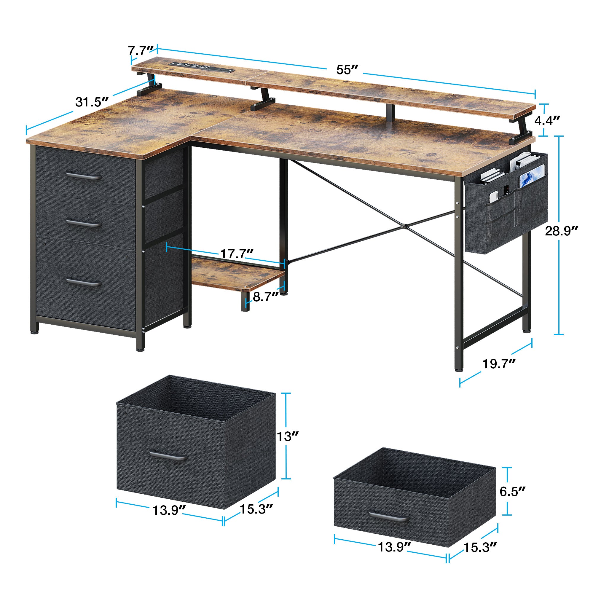 55 inch Computer Desk with Power Outlets & LED Lights, Home Office Desk with 3 Drawers & CPU Stand, Writing Desk with Monitor Shelf & Storage Bag, Vintage