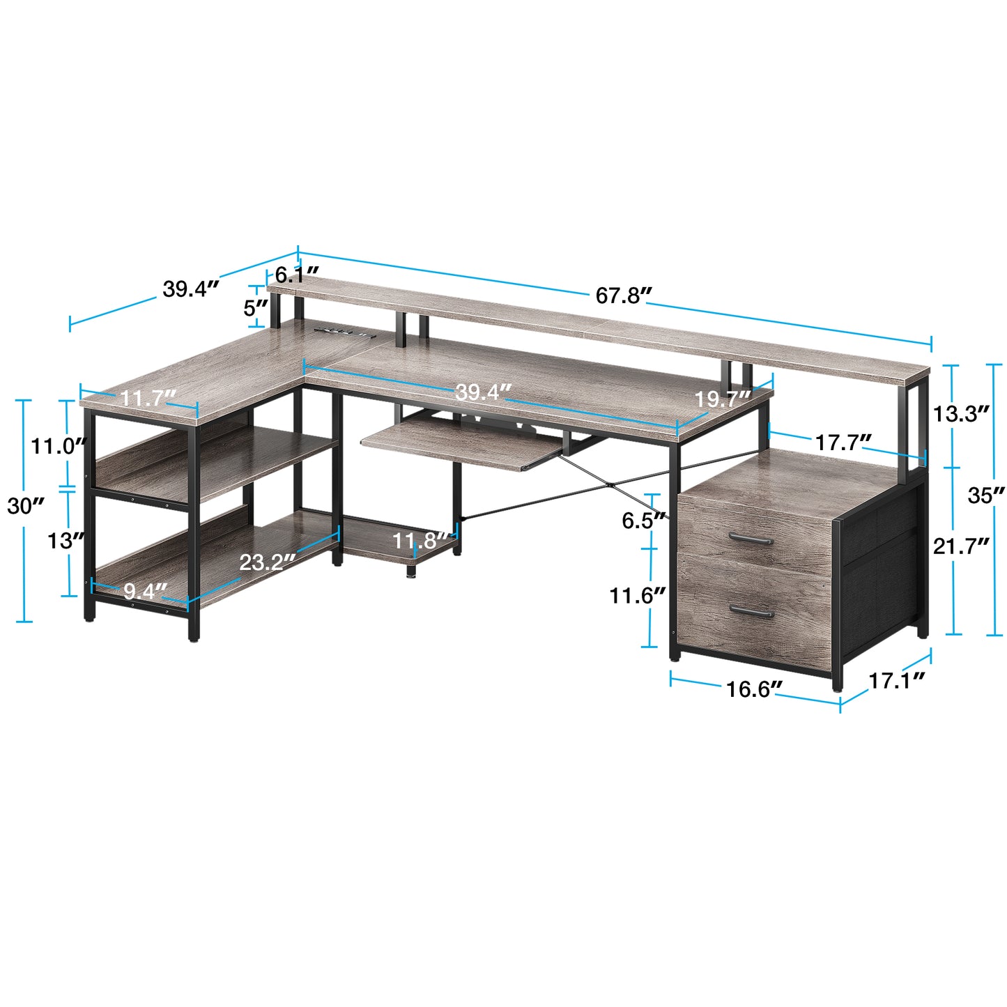 66" Reversible L Shaped Desk with File Drawer & Power Outlet, Modern Computer Desk with Keyboard Tray & LED Strip, Office Table with Storage Shelves, Gaming Desk with Monitor Shelf, Grey Oak