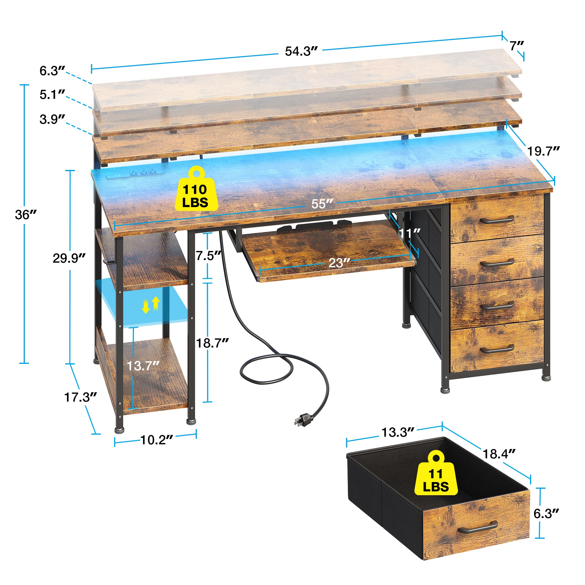 55 inch Office Desk with Power Outlet and Adjustable Monitor Stand, Computer Desk with Fabric Drawer and Keyboard Tray, Gaming Desk with LED Light & PC Stand, Table for Bedroom with USB Ports, Vintage