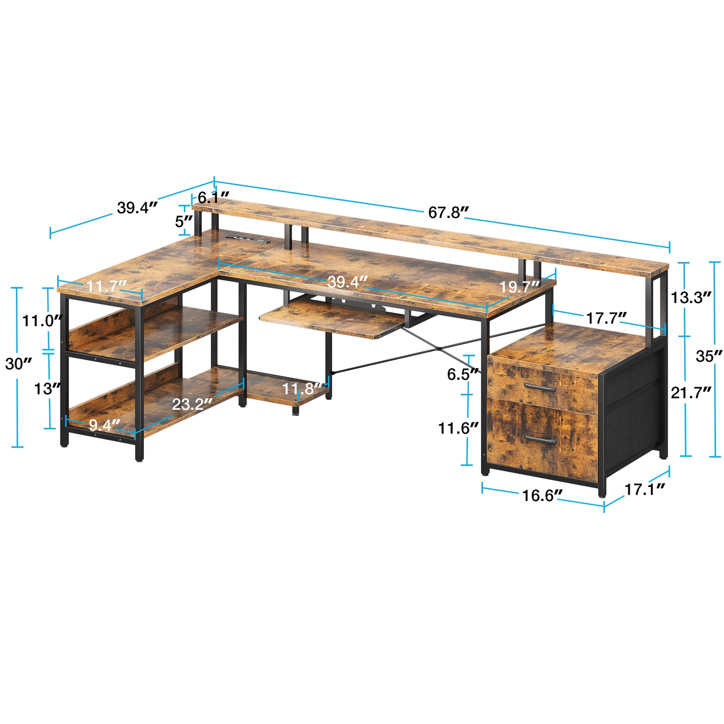66" Reversible L Shaped Desk with File Drawer & Power Outlet, Modern Computer Desk with Keyboard Tray & LED Strip, Office Table with Storage Shelves, Gaming Desk with Monitor Shelf, Vintage