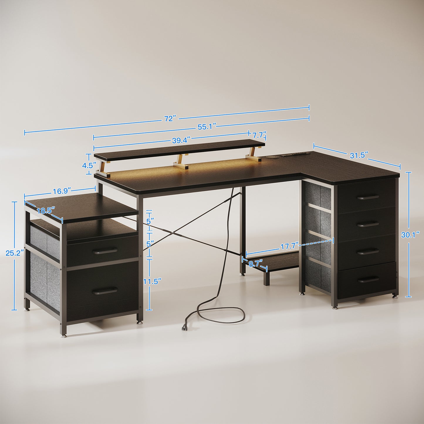 L Shaped Desk with 6 Drawers & Power Outlet, 55" Computer Desk with File Drawer & Monitor Shelf, Printer Storage Shelves, Large Work Desk for Home Office, Black