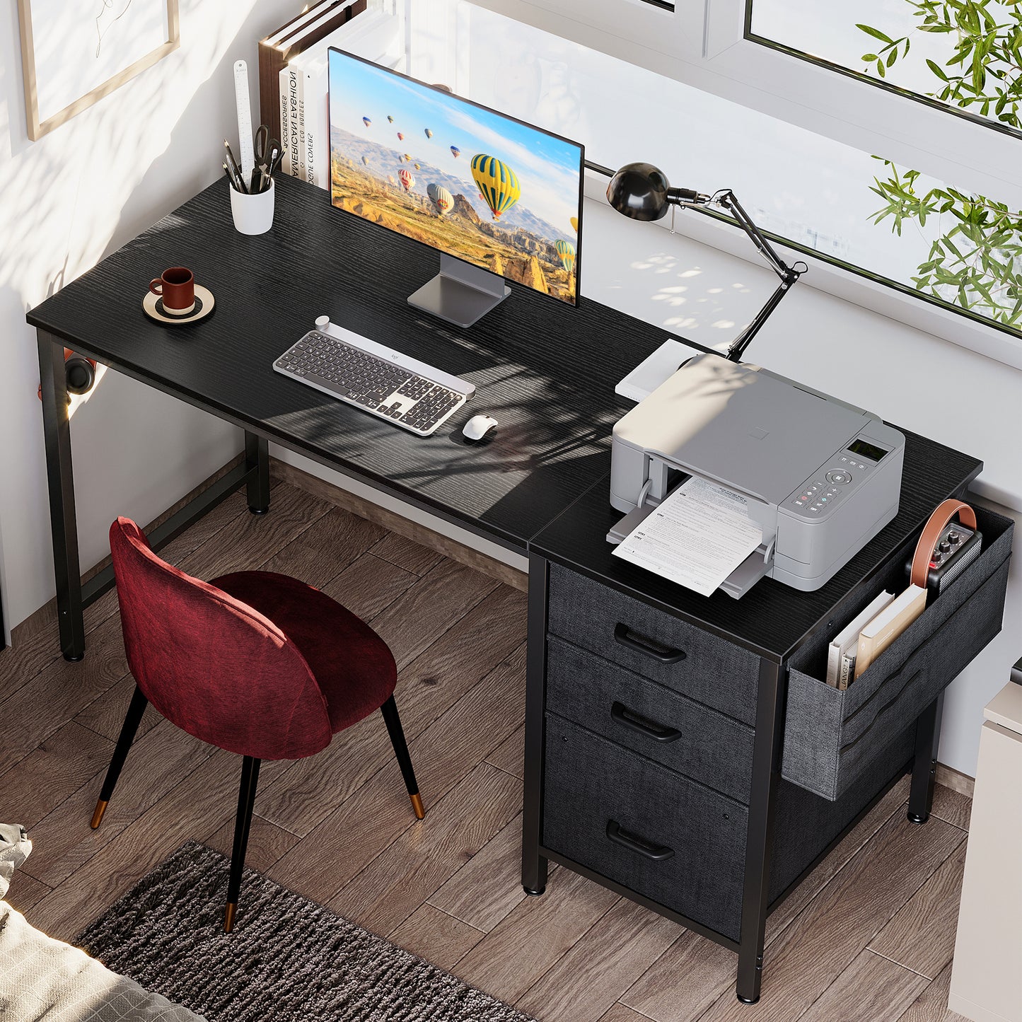 48 Inch Computer Desk with 3 Fabric Drawers & Storage Bag, Home Office Desk with File Cabinet, Writing Desk for Work and Study, Black
