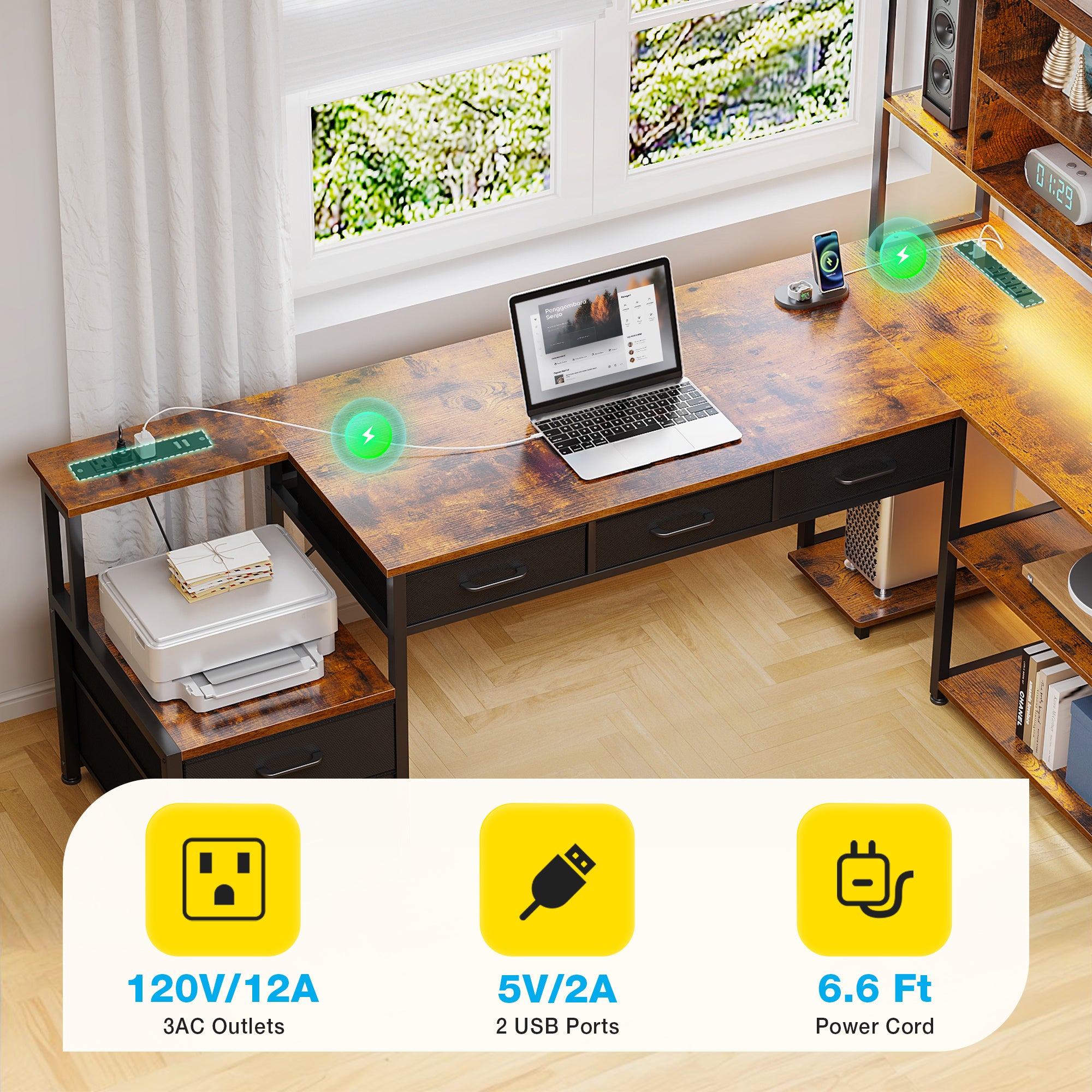 Sofanext 71 inch L Shaped Desk with File Drawers, Reversible L Shaped Gaming Desk with Power Outlets & LED Lights, Computer Desk with Storage Shelves for Home Office, Vintage