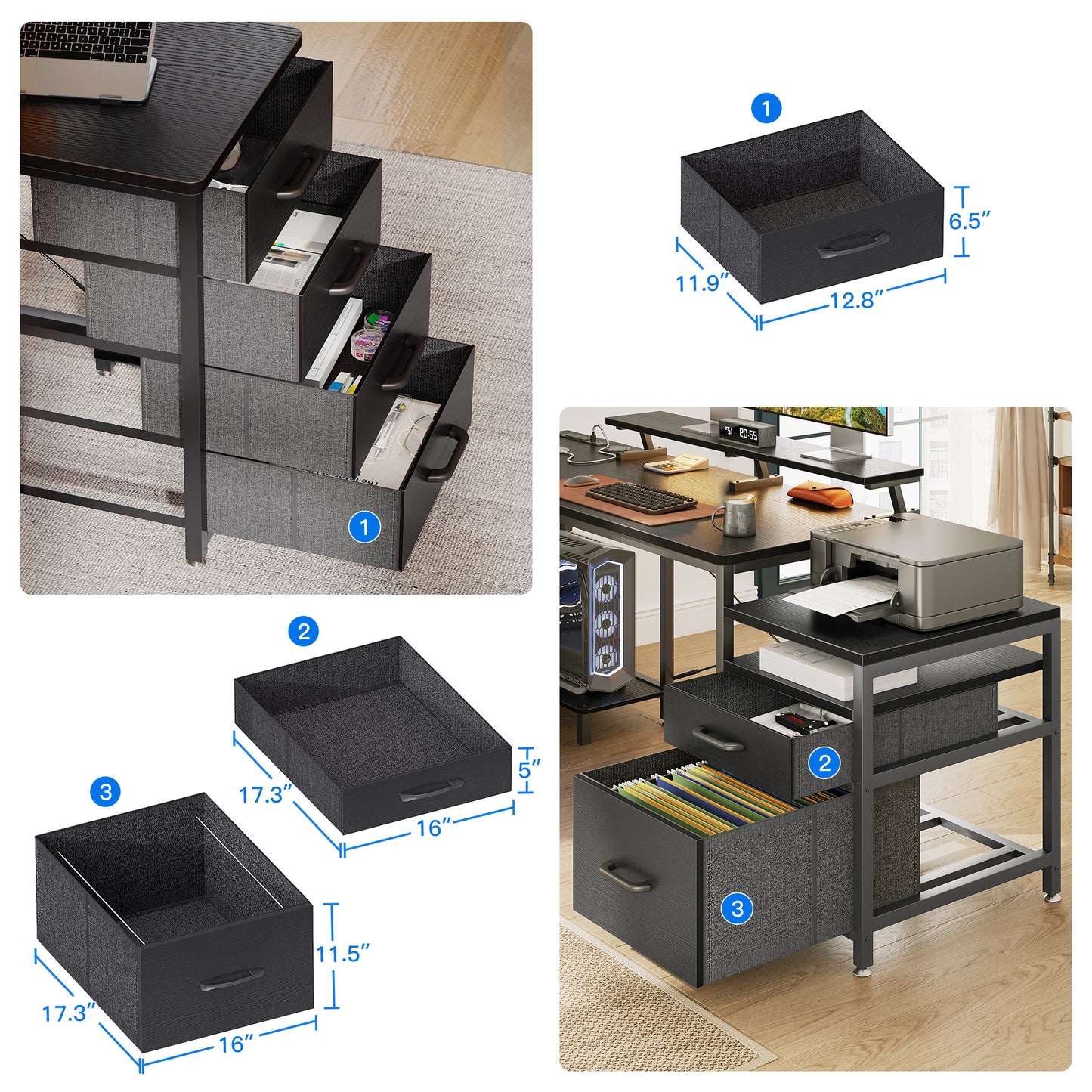 L Shaped Desk with 6 Drawers & Power Outlet, 55" Computer Desk with File Drawer & Monitor Shelf, Printer Storage Shelves, Large Work Desk for Home Office, Black