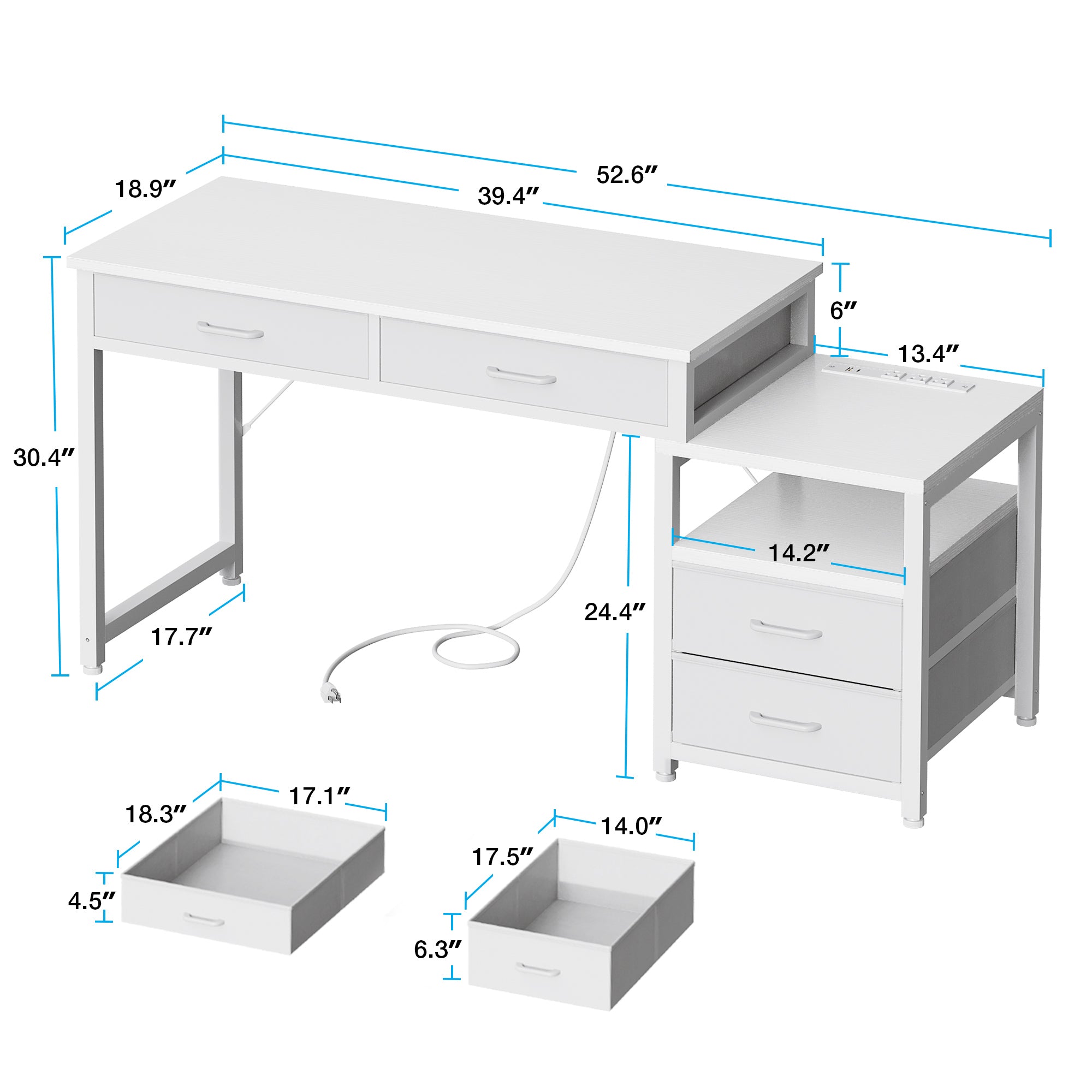 Sofanext Computer Desk with 4 Drawers and USB Power Outlets, Reversible Home Office Desk with Printer Stand, Small Desk with Storage Shelf, Study Writing Work Table for Bedroom, Vanity Desk, White, 53