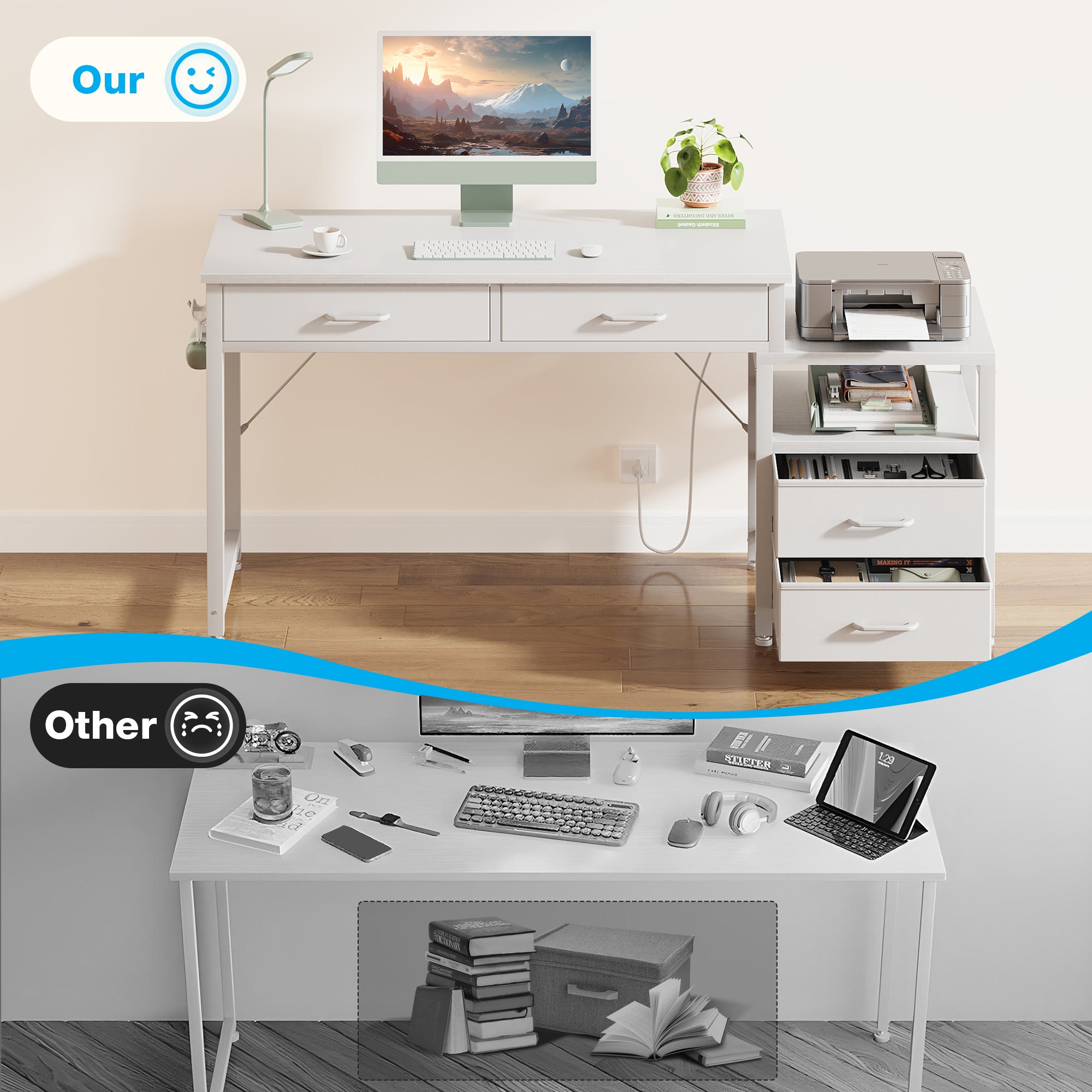 Sofanext Computer Desk with 4 Drawers and USB Power Outlets, Reversible Home Office Desk with Printer Stand, Small Desk with Storage Shelf, Study Writing Work Table for Bedroom, Vanity Desk, White, 53