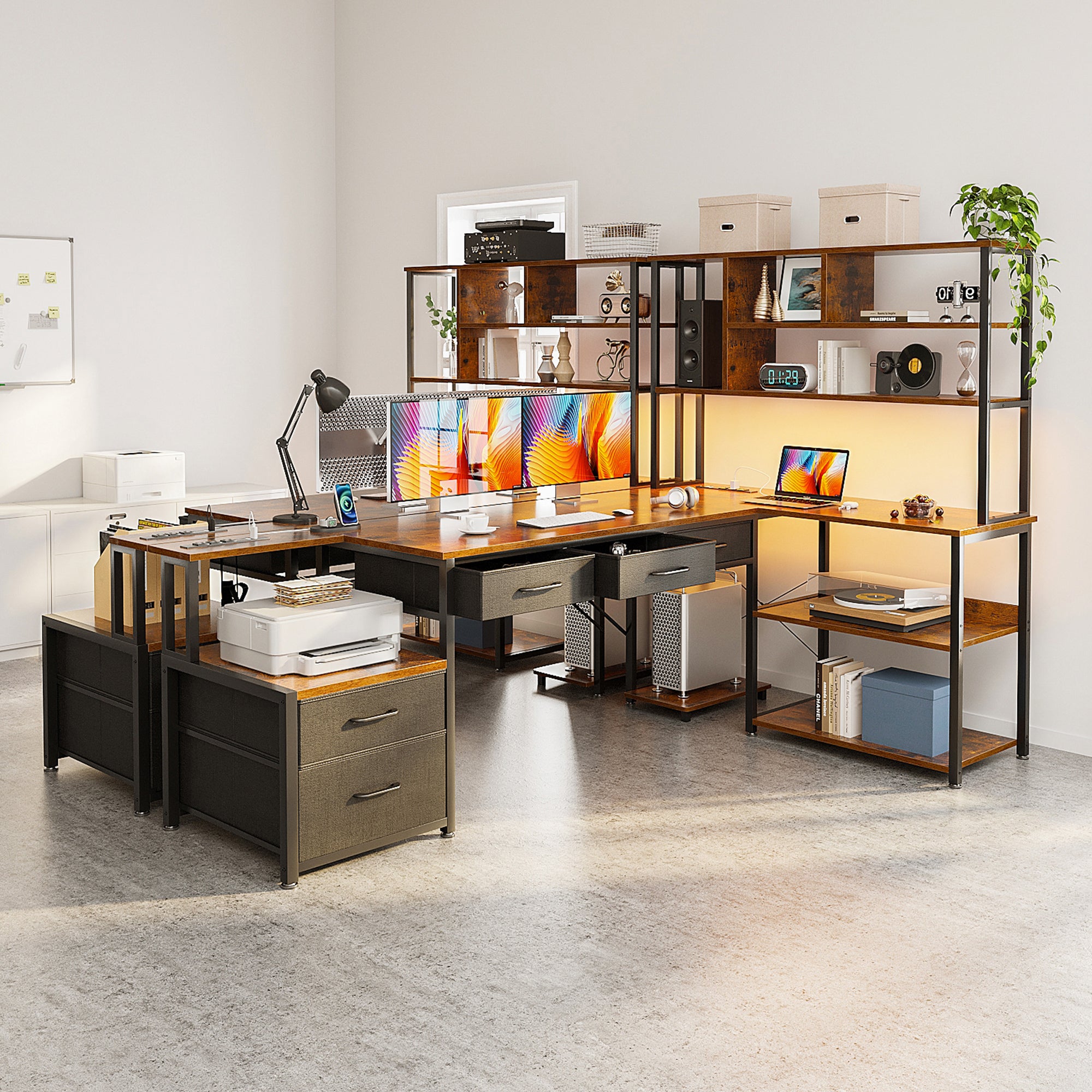 Sofanext 71 inch L Shaped Desk with File Drawers, Reversible L Shaped Gaming Desk with Power Outlets & LED Lights, Computer Desk with Storage Shelves for Home Office, Vintage