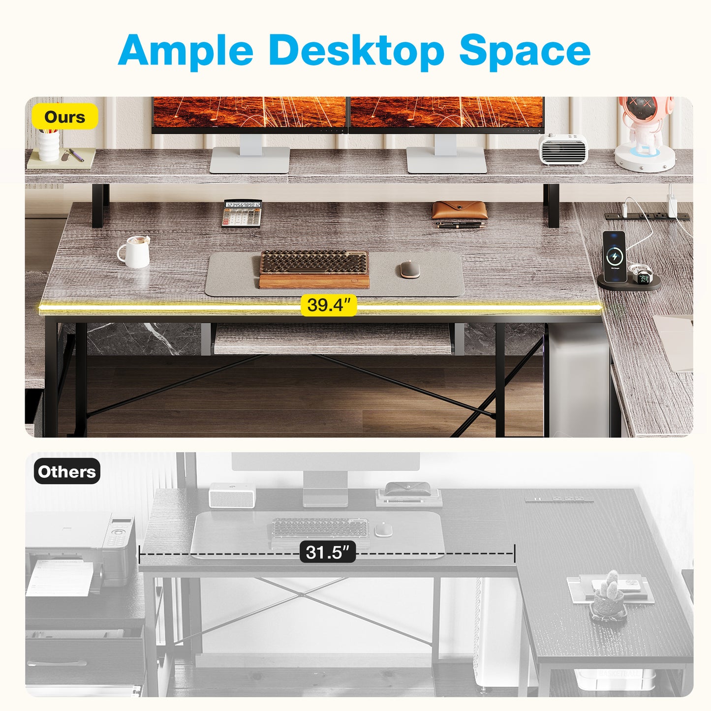 66" Reversible L Shaped Desk with File Drawer & Power Outlet, Modern Computer Desk with Keyboard Tray & LED Strip, Office Table with Storage Shelves, Gaming Desk with Monitor Shelf, Grey Oak
