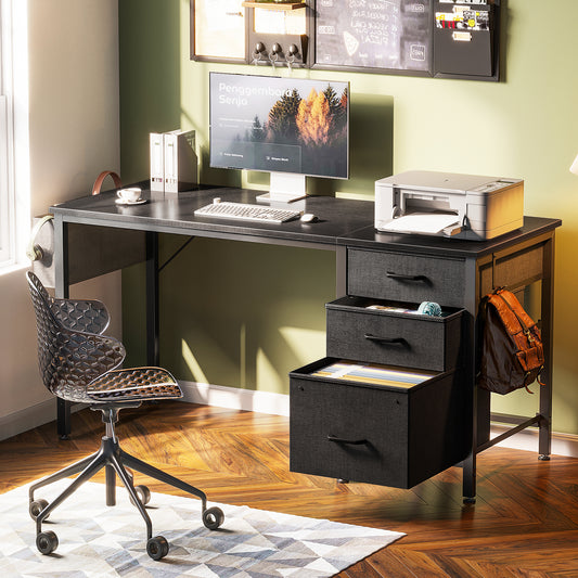 48 Inch Computer Desk with 3 Fabric Drawers & Storage Bag, Home Office Desk with File Cabinet, Writing Desk for Work and Study, Black
