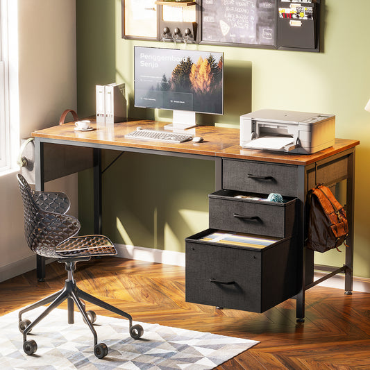 48 Inch Computer Desk with 3 Fabric Drawers & Storage Bag, Home Office Desk with File Cabinet, Writing Desk for Work and Study, Vintage and Black