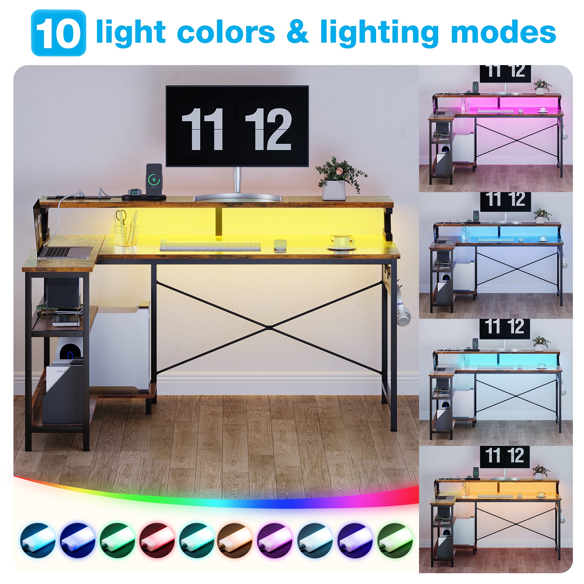 48 inch Reversible L Shaped Gaming Desk with LED Lights & Power Outlet, Corner Computer Desk with Storage Shelves & CPU Stand, Home Office Desk with Monitor Shelf, Modern Writing Table, Vintage