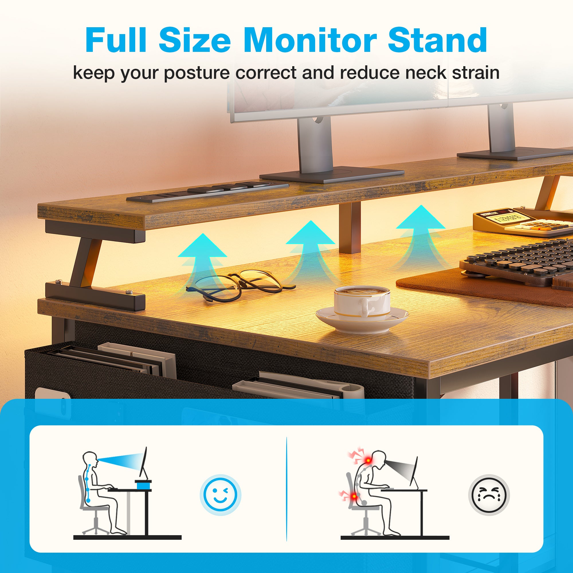 55 inch Computer Desk with Power Outlets & LED Lights, Home Office Desk with 3 Drawers & CPU Stand, Writing Desk with Monitor Shelf & Storage Bag, Vintage