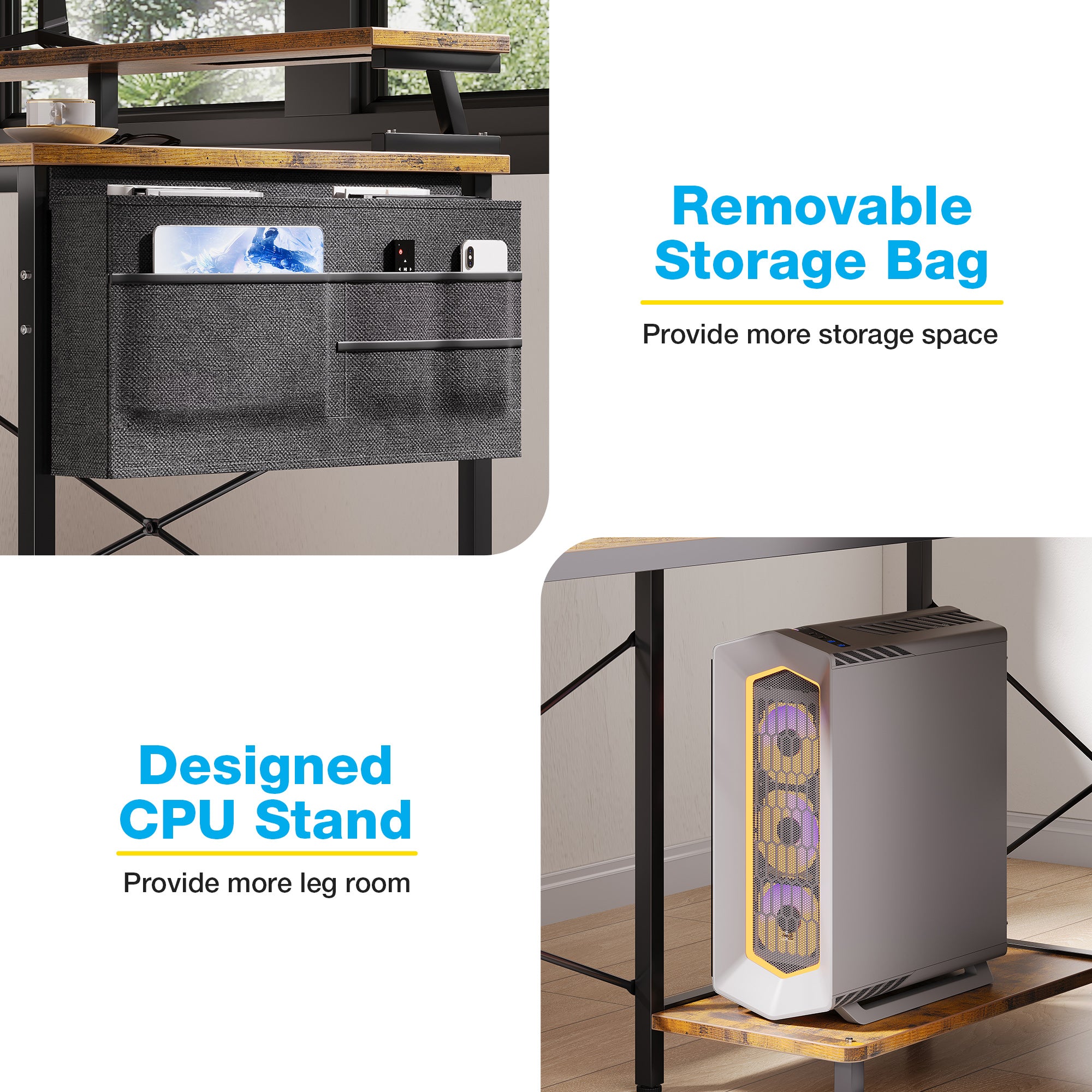 55 inch Computer Desk with Power Outlets & LED Lights, Home Office Desk with 3 Drawers & CPU Stand, Writing Desk with Monitor Shelf & Storage Bag, Vintage