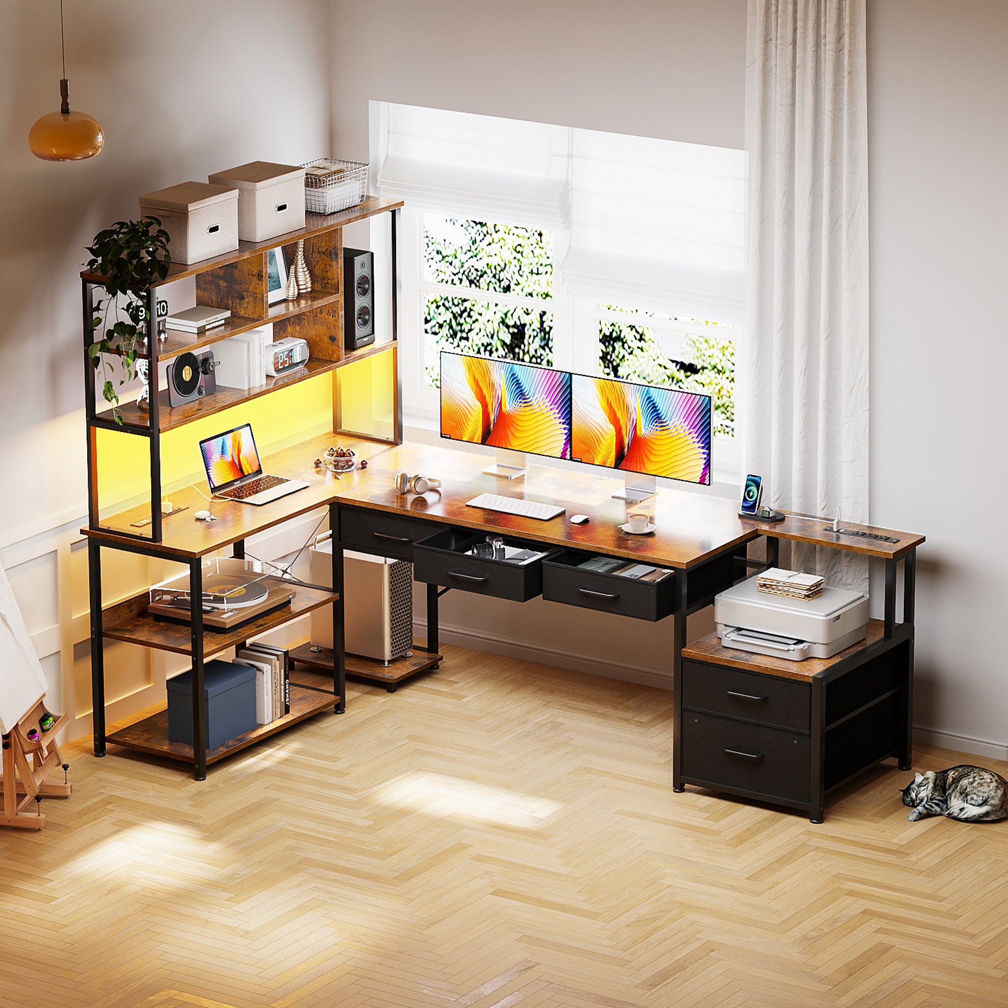 Sofanext 71 inch L Shaped Desk with File Drawers, Reversible L Shaped Gaming Desk with Power Outlets & LED Lights, Computer Desk with Storage Shelves for Home Office, Vintage