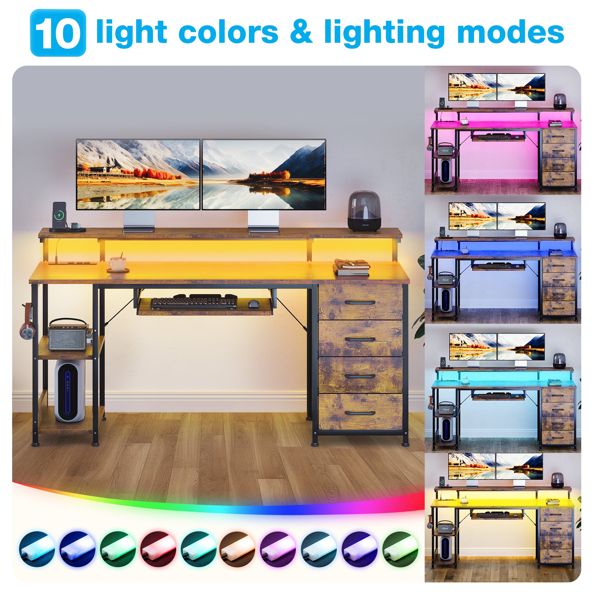 55 inch Office Desk with Power Outlet and Adjustable Monitor Stand, Computer Desk with Fabric Drawer and Keyboard Tray, Gaming Desk with LED Light & PC Stand, Table for Bedroom with USB Ports, Vintage