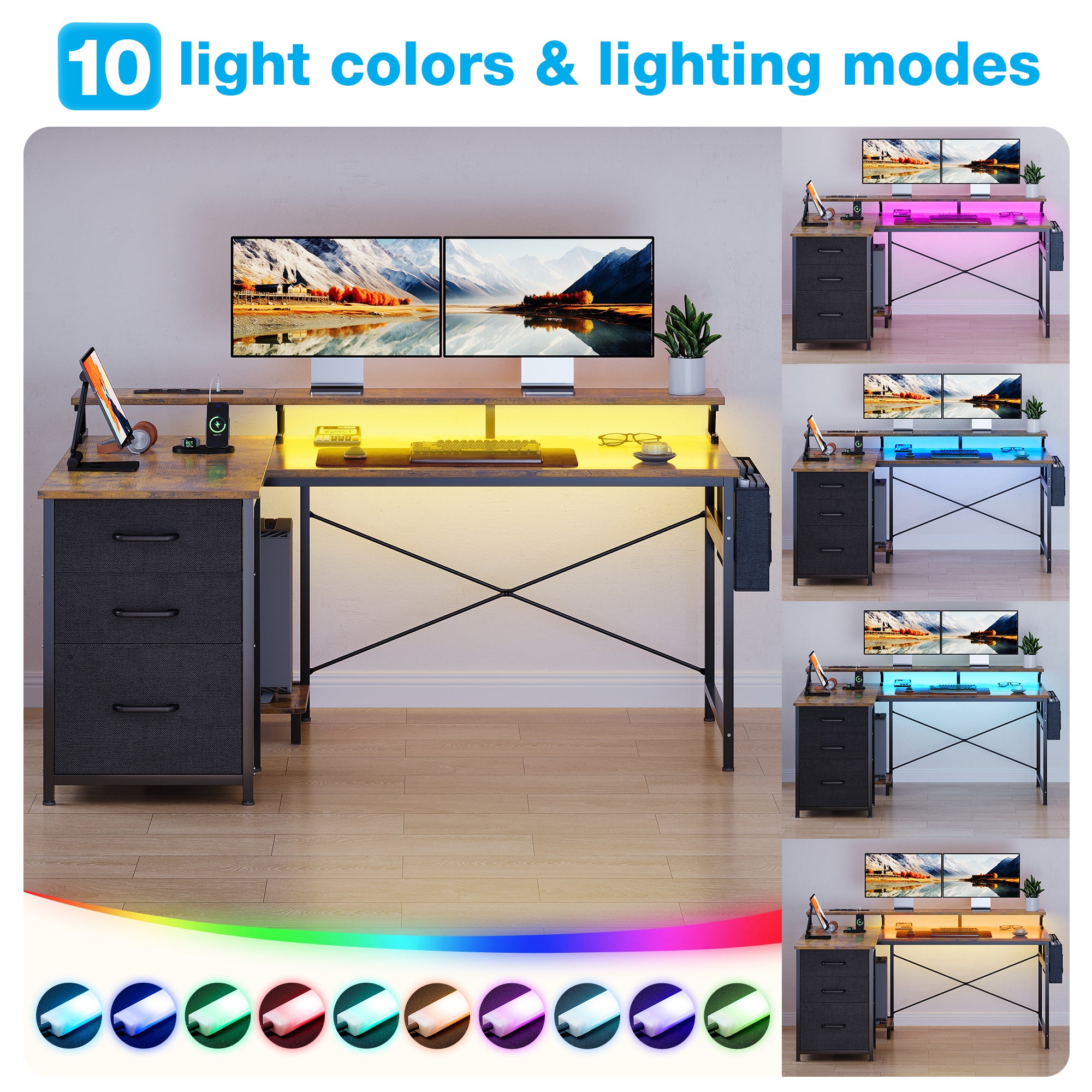 55 inch Computer Desk with Power Outlets & LED Lights, Home Office Desk with 3 Drawers & CPU Stand, Writing Desk with Monitor Shelf & Storage Bag, Vintage