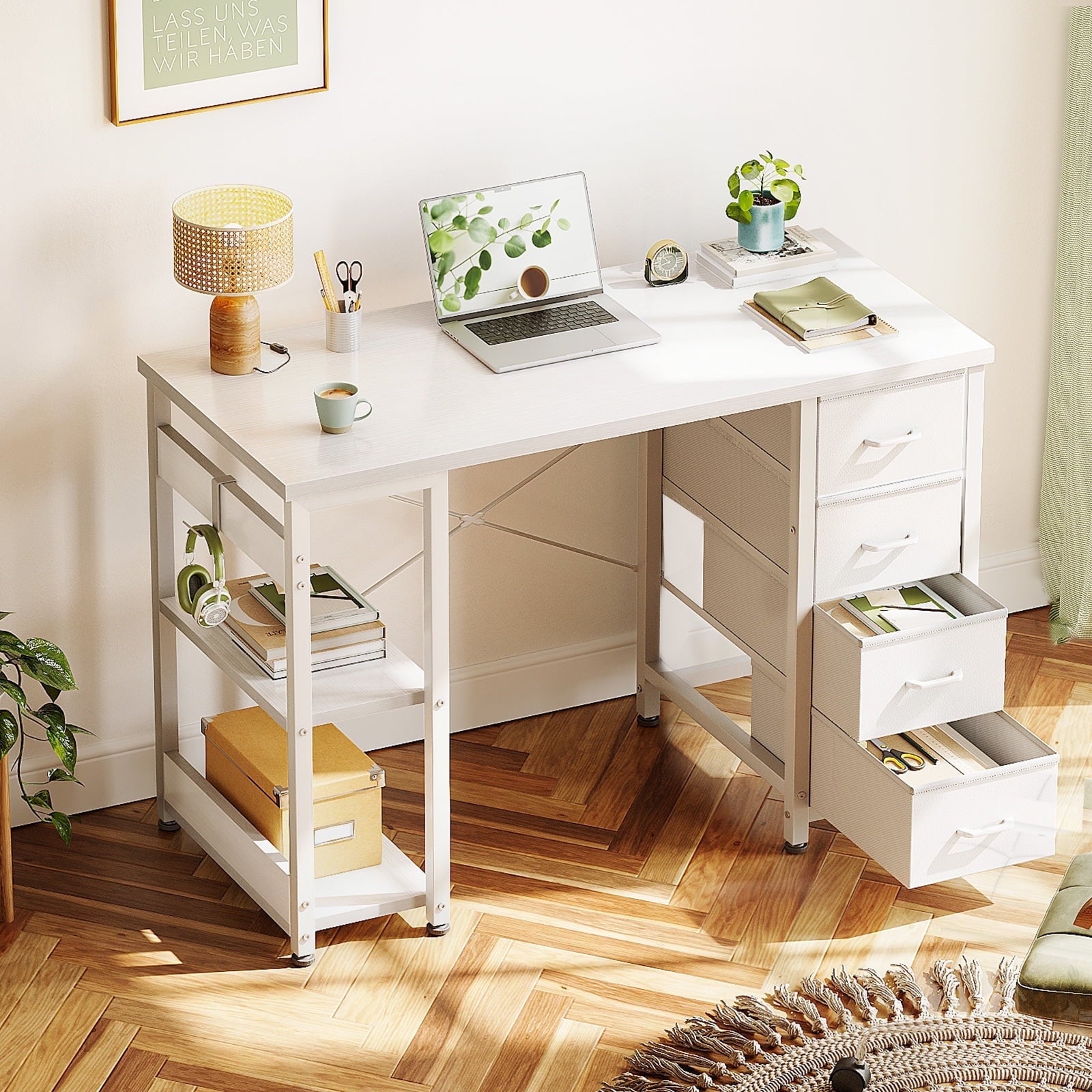 White Computer Desk with Drawers & Storage Shelves, 40 Inch Corner Desk for Home Office Bedroom, Small Teen PC Desks with Fabric Drawer, White