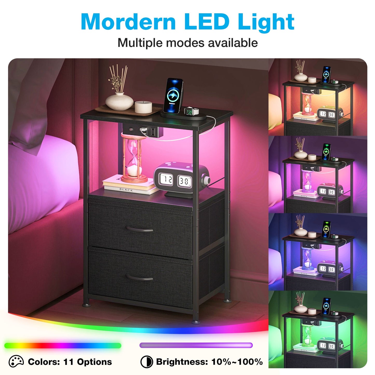 Sofanext Night Stand Set 2, LED Light Nightstand with Fabric Drawers, Bedside Tables with Charging Station, End Table with Open Shelf, Small Nightstand for Bedroom, Black
