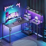 45" Gaming Desk with Hutch, Reversible L-Shaped Desk with LED Light, USB Ports & Power Outlets, Home Office Desk with CPU Stand, Carbon Fiber Black