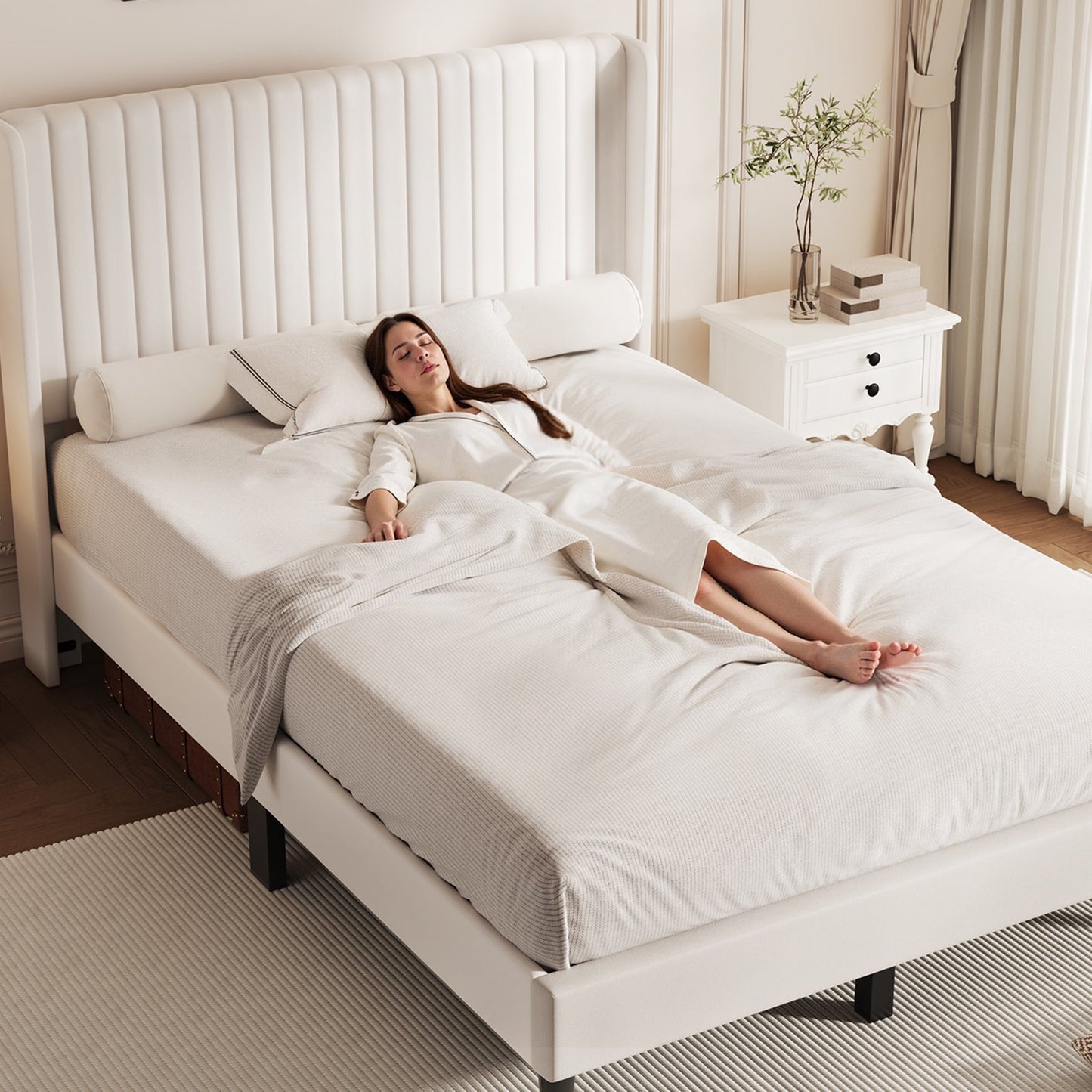 Sofanext Queen Wingback Platform Bed Frame with Tall Velvet Upholstered Headboard, Wood Slat Support, No Box Spring, Noise-Free, Cream White