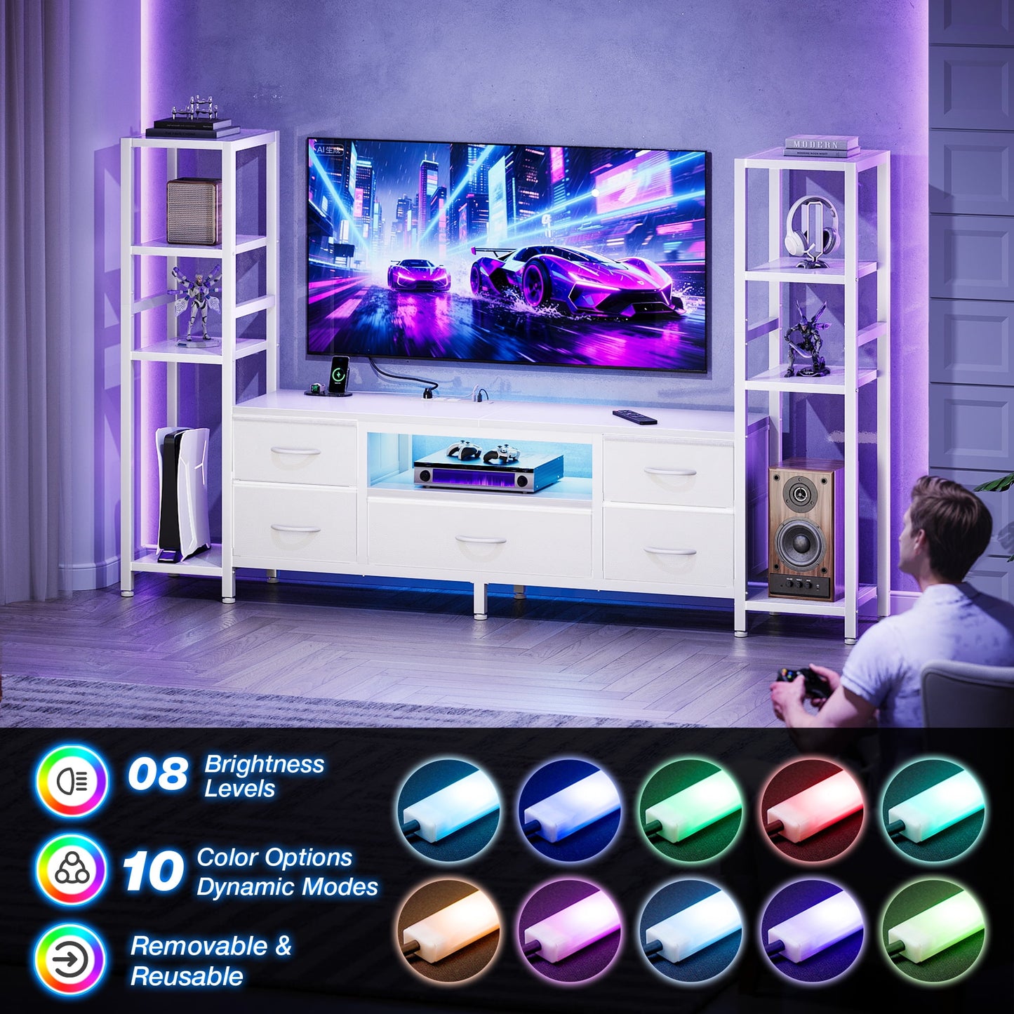 Sofanext 71" LED TV Stand with Power Outlets for 40/43/50 inch TV, Entertainment Center with 5 Fabric Drawers & Open Shelf Storage for Living Room/Bedroom, , White