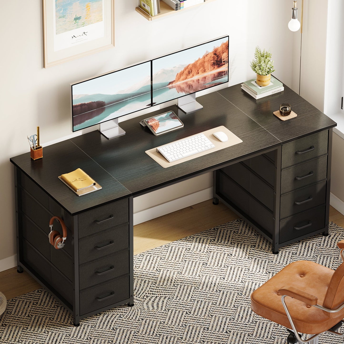Black Computer Desk with Drawers for Storage - 55 inch Home Office Desk with 8 Fabric Drawers, Writing Study Desk with Drawers on Both Sides for Bedroom