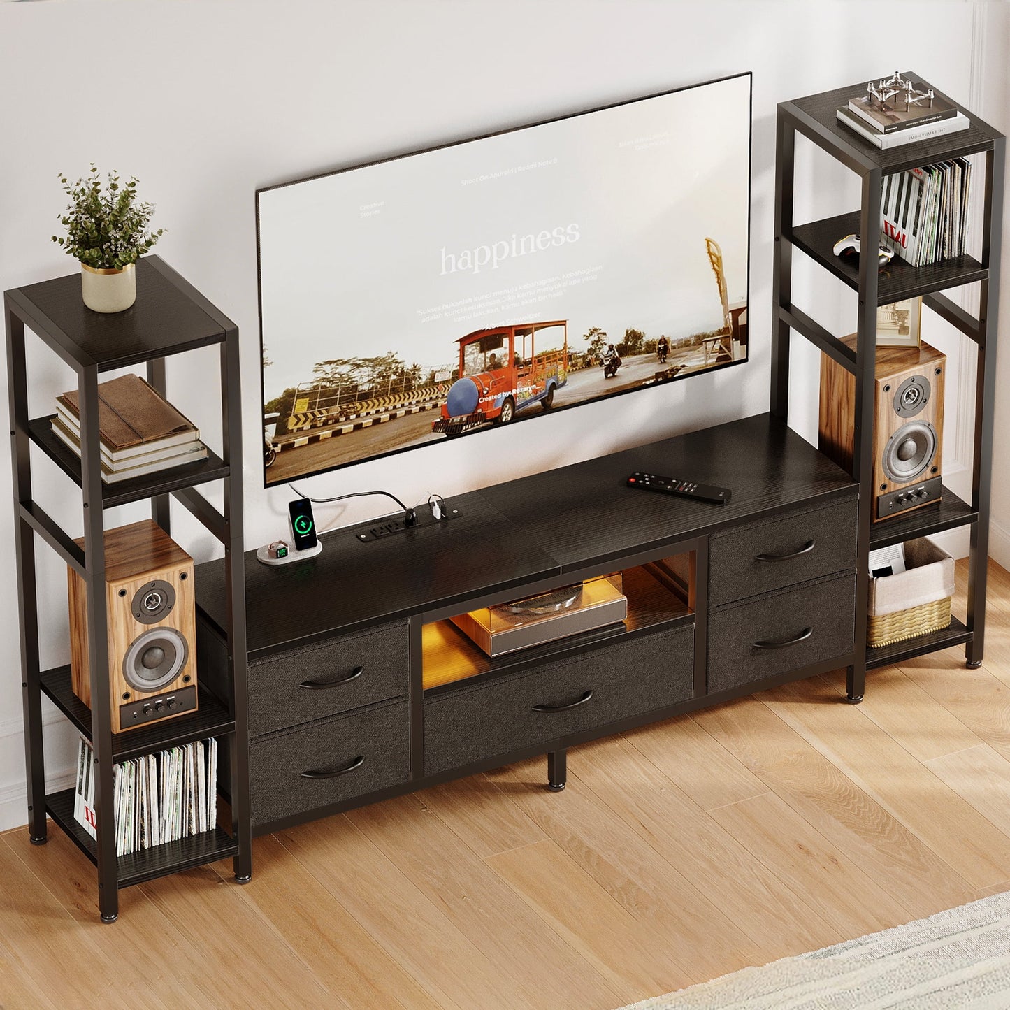 Sofanext 71" LED TV Stand with Power Outlets for 40/43/50 inch TV, Entertainment Center with 5 Fabric Drawers & Open Shelf Storage for Living Room/Bedroom,Black