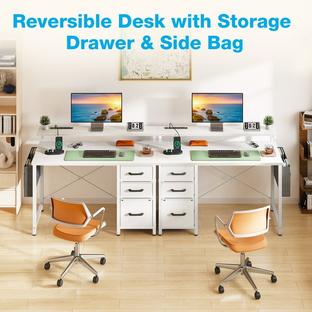 40 inch Computer Desk with Power Outlets & LED Lights, Home Office Desk with 3 Drawers & Adjustable Monitor Shelf, Writing Desk with Storage Bag, White