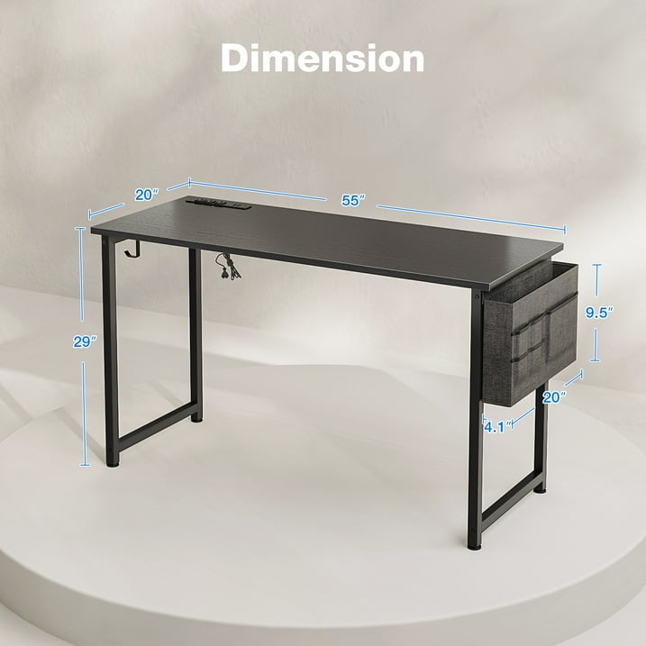 Sofanext 55 inch Computer Desk, Large Home Office Desk with Power Outlet, Student Desk with Storage Bag & Headphone Hook, Black
