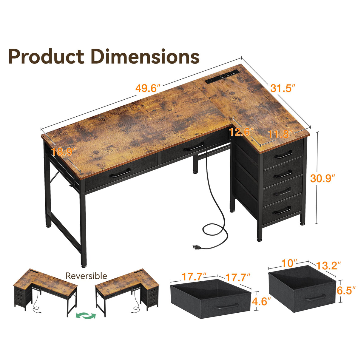 KKL 50 Inch Computer Desk with USB Ports & Power Outlets, L Shaped Cor ...