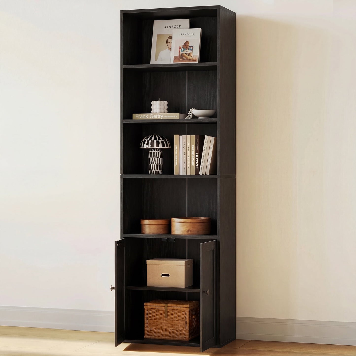 Sofanext 6-Tier Bookcase Set of 2 with Cabinet, Modern Bookshelf for Home Office, Living Room or Bedroom, Easy Assembly & Stable Structure, Black