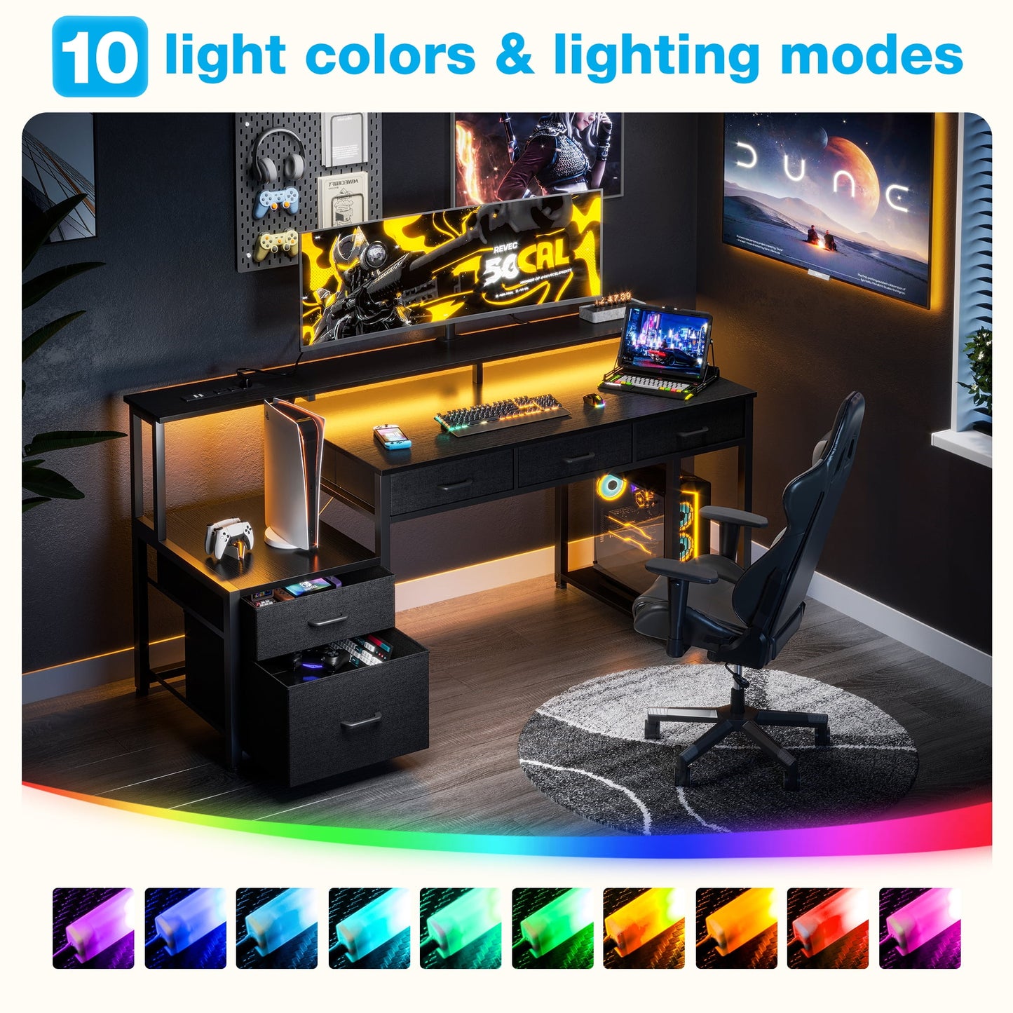 55 inch Computer Gaming Desk with LED Lights & Power Outlets, Home Office Desk with Storage Shelves & 5 Fabric Drawers, File Cabinet Monitor Stand, Black
