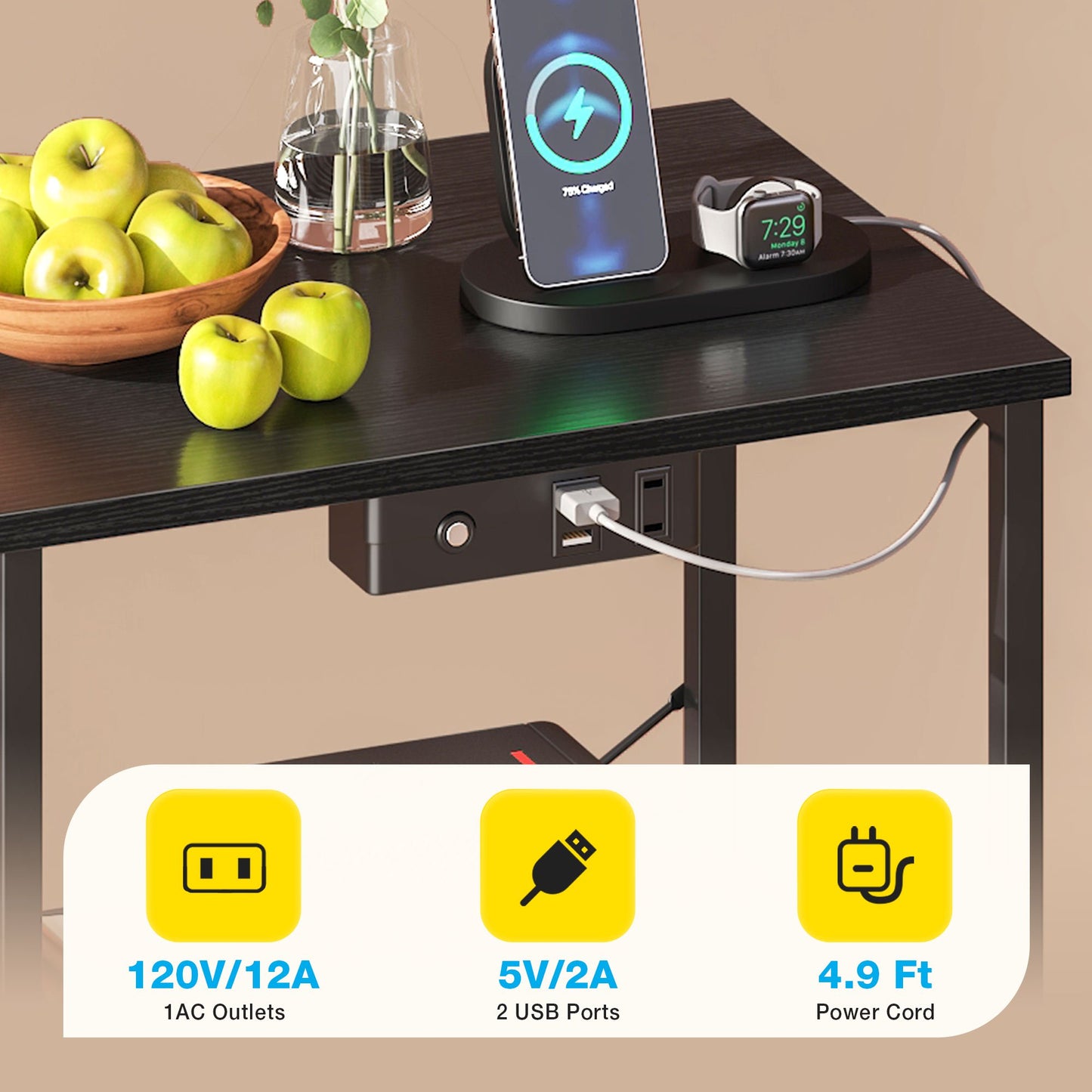 Sofanext Night Stand Set 2, LED Light Nightstand with Fabric Drawers, Bedside Tables with Charging Station, End Table with Open Shelf, Small Nightstand for Bedroom, Black