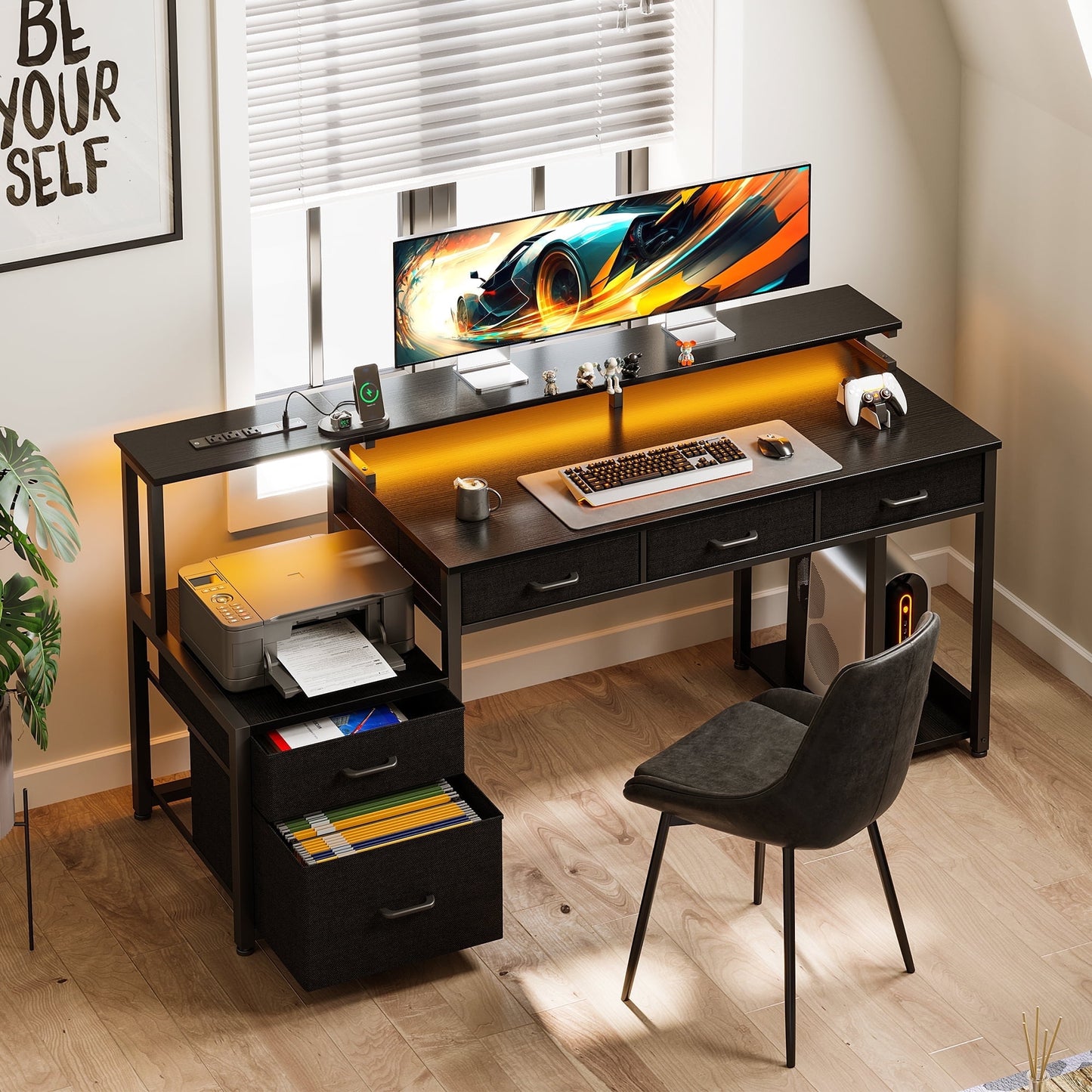 55 inch Computer Gaming Desk with LED Lights & Power Outlets, Home Office Desk with Storage Shelves & 5 Fabric Drawers, File Cabinet Monitor Stand, Black