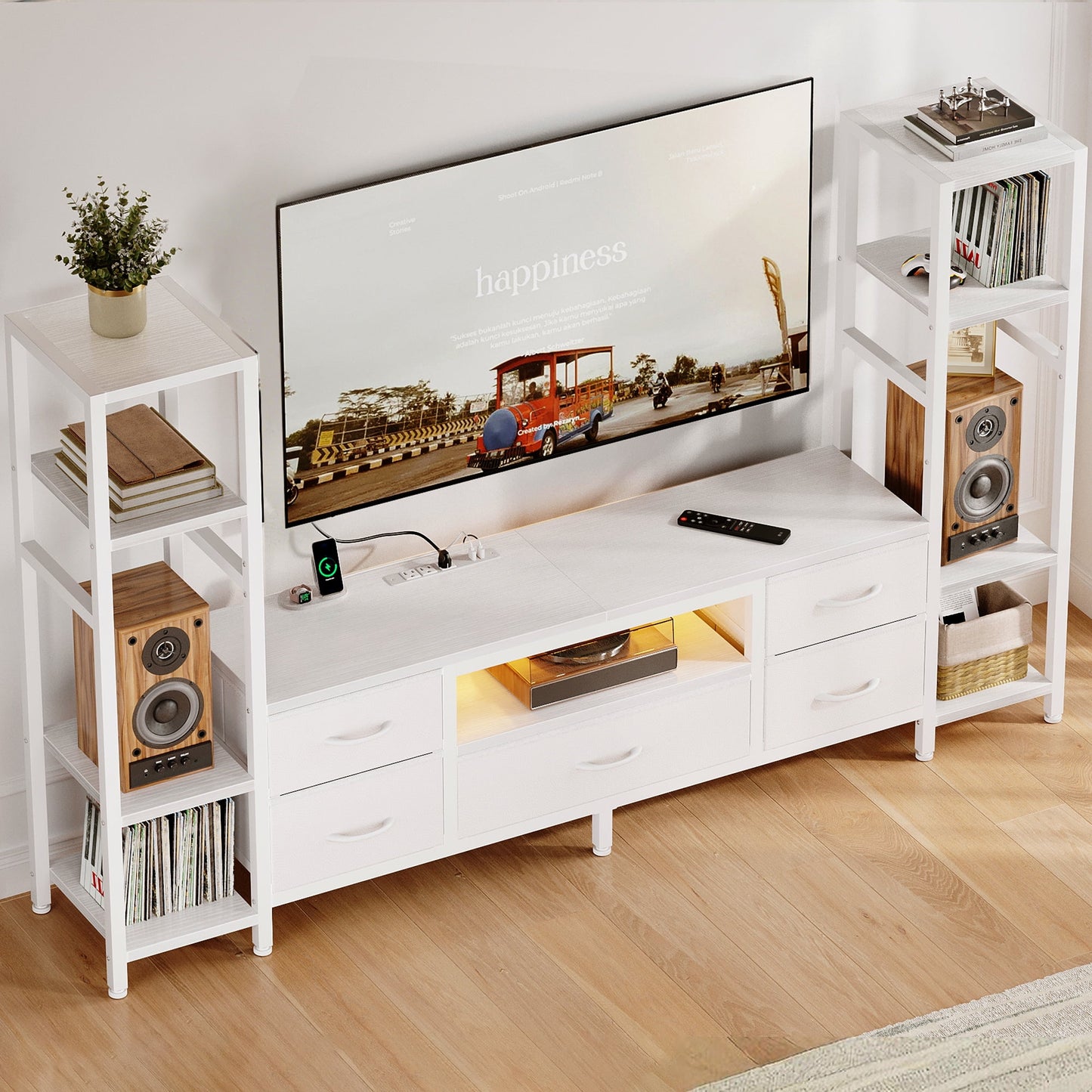 Sofanext 71" LED TV Stand with Power Outlets for 40/43/50 inch TV, Entertainment Center with 5 Fabric Drawers & Open Shelf Storage for Living Room/Bedroom, , White