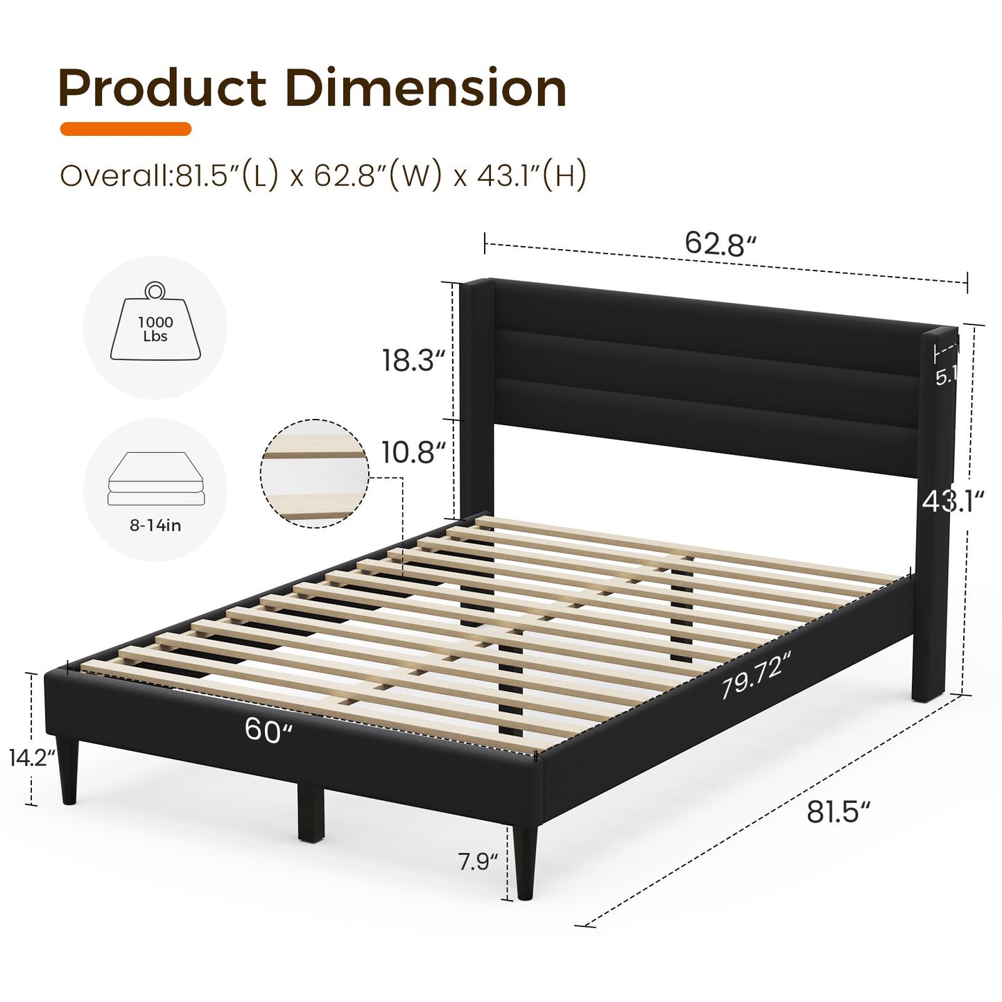 Sofanext Queen Bed Frame with Headboard, Upholstered Platform Bed Frame Queen, Wood Slat Support, No Box Spring Needed, Noise-Free, Deep Black