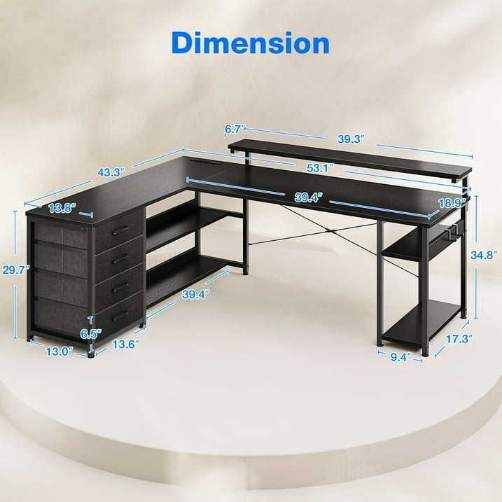 61 inch L Shaped Gaming Desk with LED Lights & Power Outlets, Corner Desk with Drawers, Computer Desk with Adjustable Heights Monitor Stand, Gaming Table with Hooks, Black