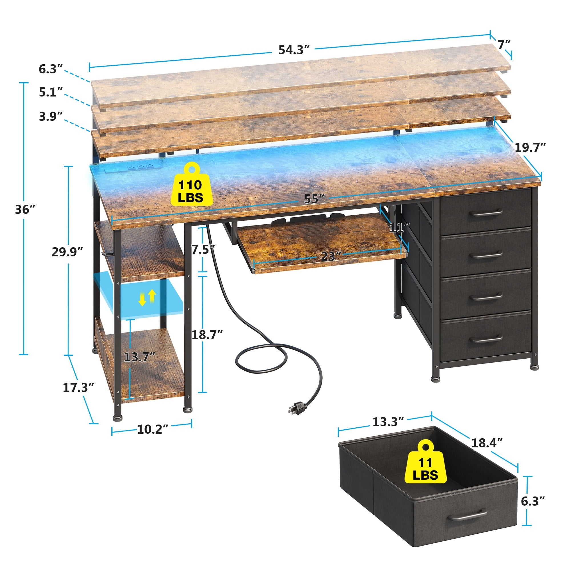 55 inch Office Desk with Power Outlet and Adjustable Monitor Stand, Computer Desk with Fabric Drawer and Keyboard Tray, Gaming Desk with LED Light & PC Stand, Vintage