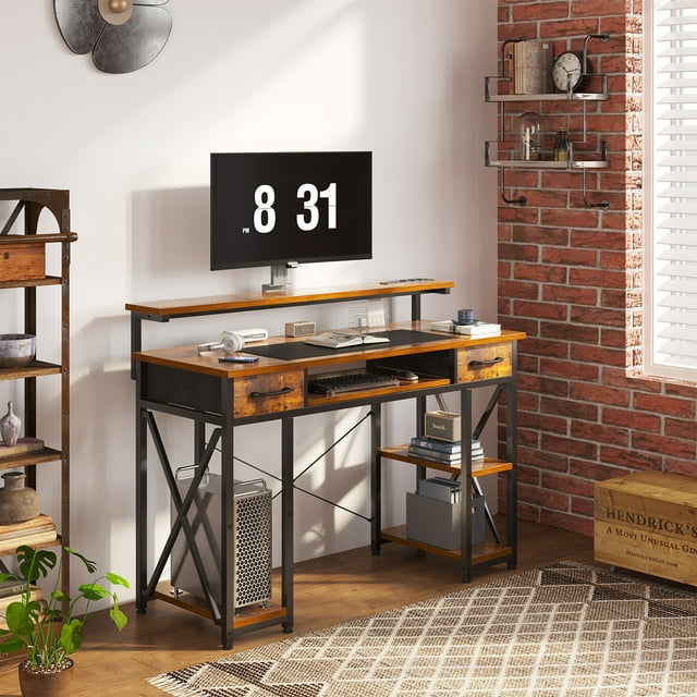 48 inch Office Desk with Adjustable Monitor Stand, Gaming Desk with Power Outlets, Modern Computer Desk with Drawers & Keyboard Tray for Home Office, Vintage