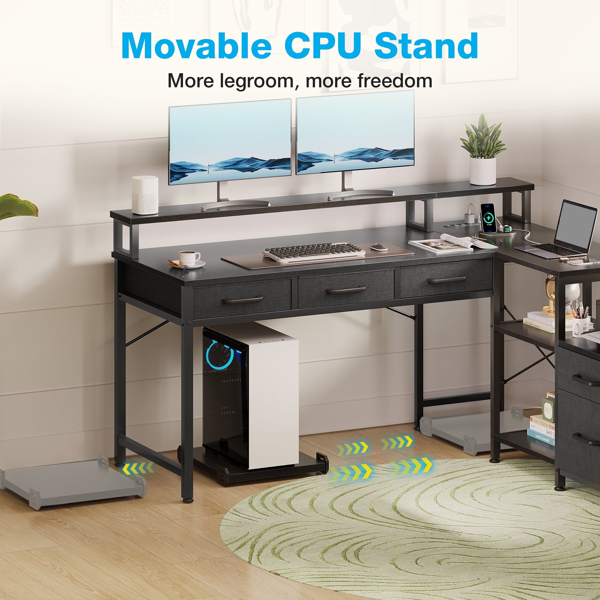 L Shaped Gaming Desk with File Drawer & Power Outlet, 53