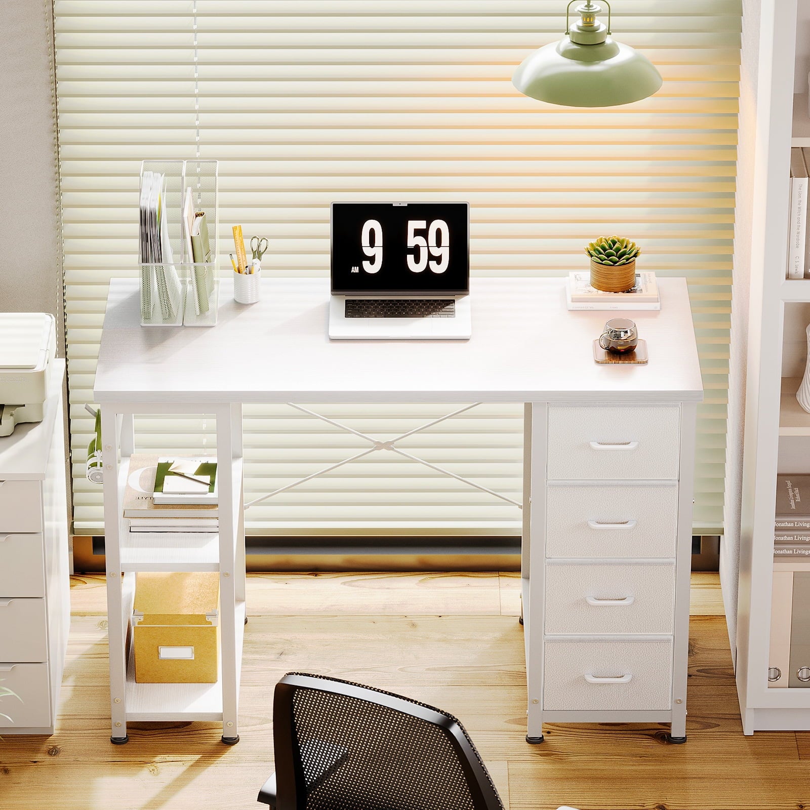 White Computer Desk with Drawers & Storage Shelves, 40 Inch Corner Desk for Home Office Bedroom, Small Teen PC Desks with Fabric Drawer, White