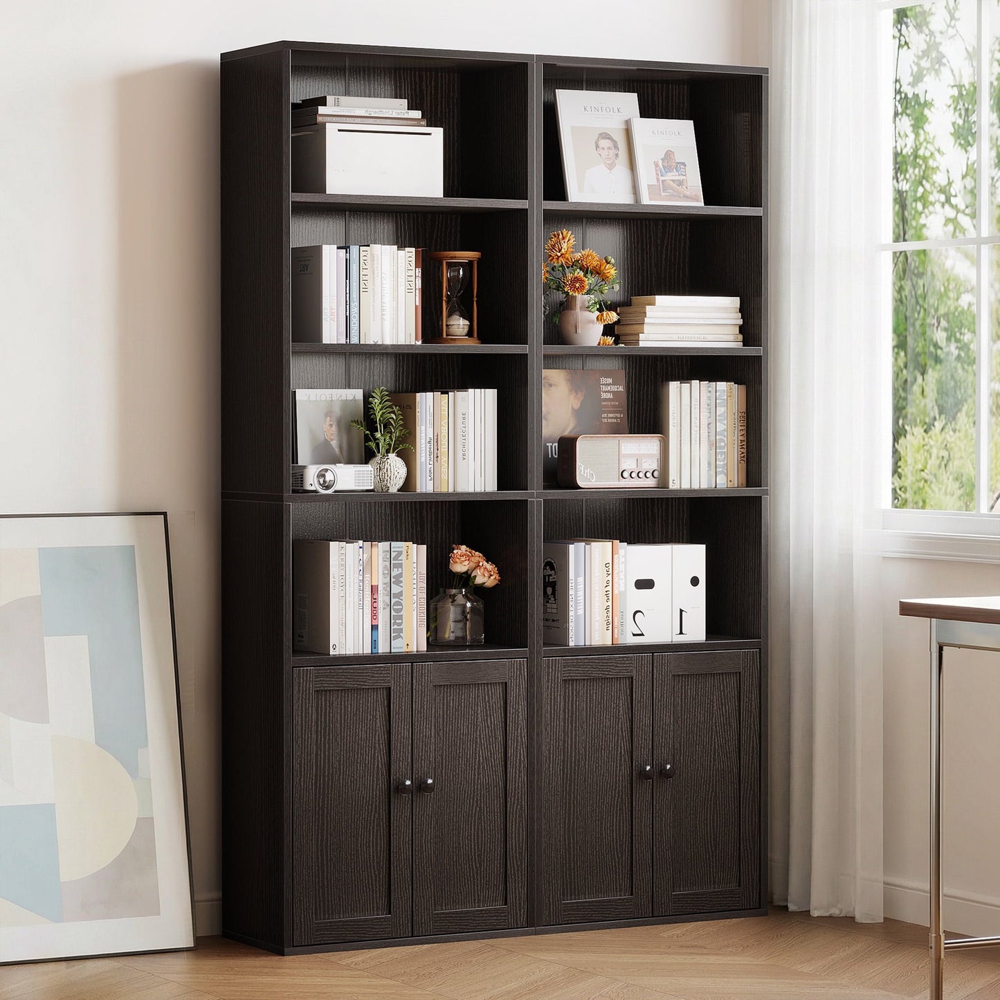 Sofanext 6-Tier Bookcase Set of 2 with Cabinet, Modern Bookshelf for Home Office, Living Room or Bedroom, Easy Assembly & Stable Structure, Black