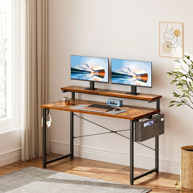 Computer Desk with Adjustable Monitor Stand(3.9”, 5.1”, 6.3”), 48 inch Home Office Desk with Storage Bag, Simple Modern Style Laptop Desk for Small Space, Vintage