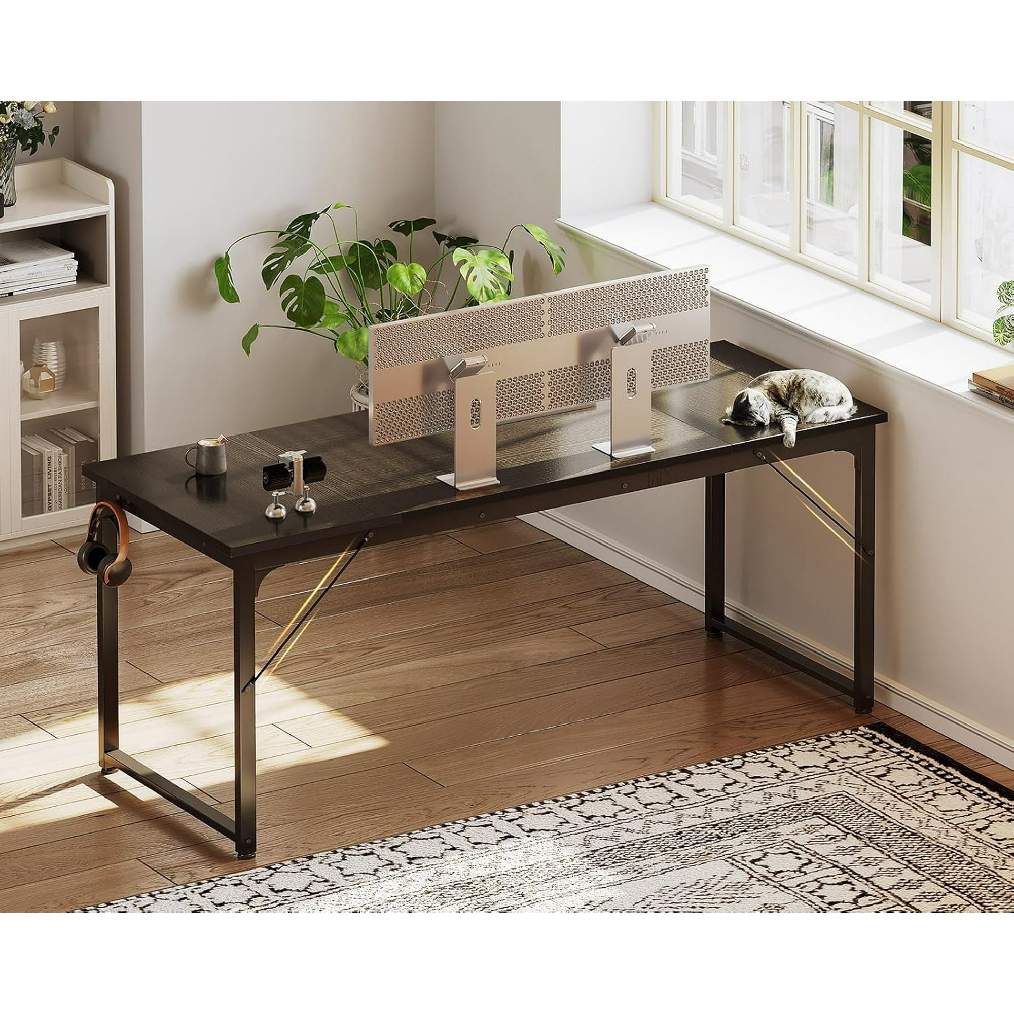 Sofanext Computer Desk 63 Inch, Study Writing Table for Large Spaces, Work Desk for Home Office, Simple Modern Desk with Headphone Hooks, Black