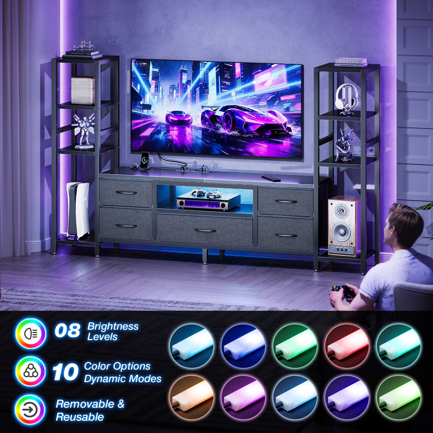 Sofanext 71" LED TV Stand with Power Outlets for 40/43/50 inch TV, Entertainment Center with 5 Fabric Drawers & Open Shelf Storage for Living Room/Bedroom,Black